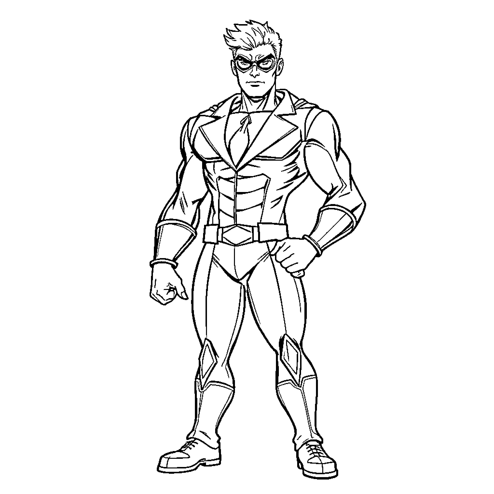 Hero in Heroic Pose with Confident Expression Coloring Page (free black-and-white line drawing printable PDF for all, from beginners to advanced learners, including children, teens, adults, and seniors)