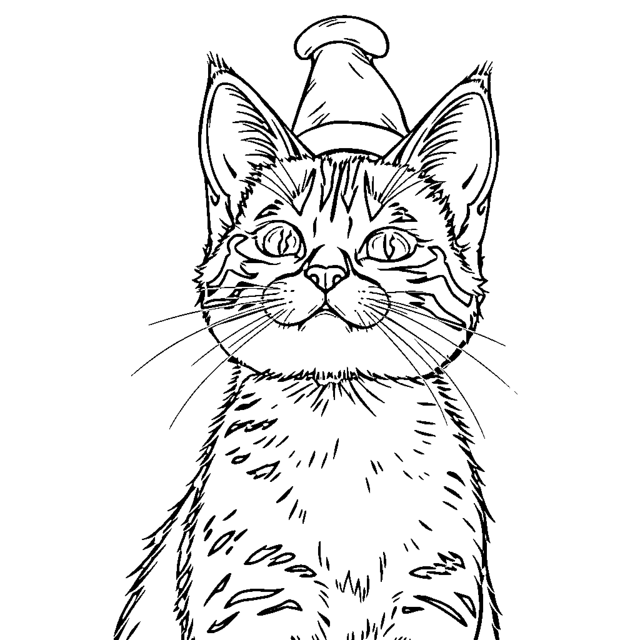 Cat in Santa hat Coloring Page (free black-and-white line drawing printable PDF for all, from beginners to advanced learners, including children, teens, adults, and seniors)