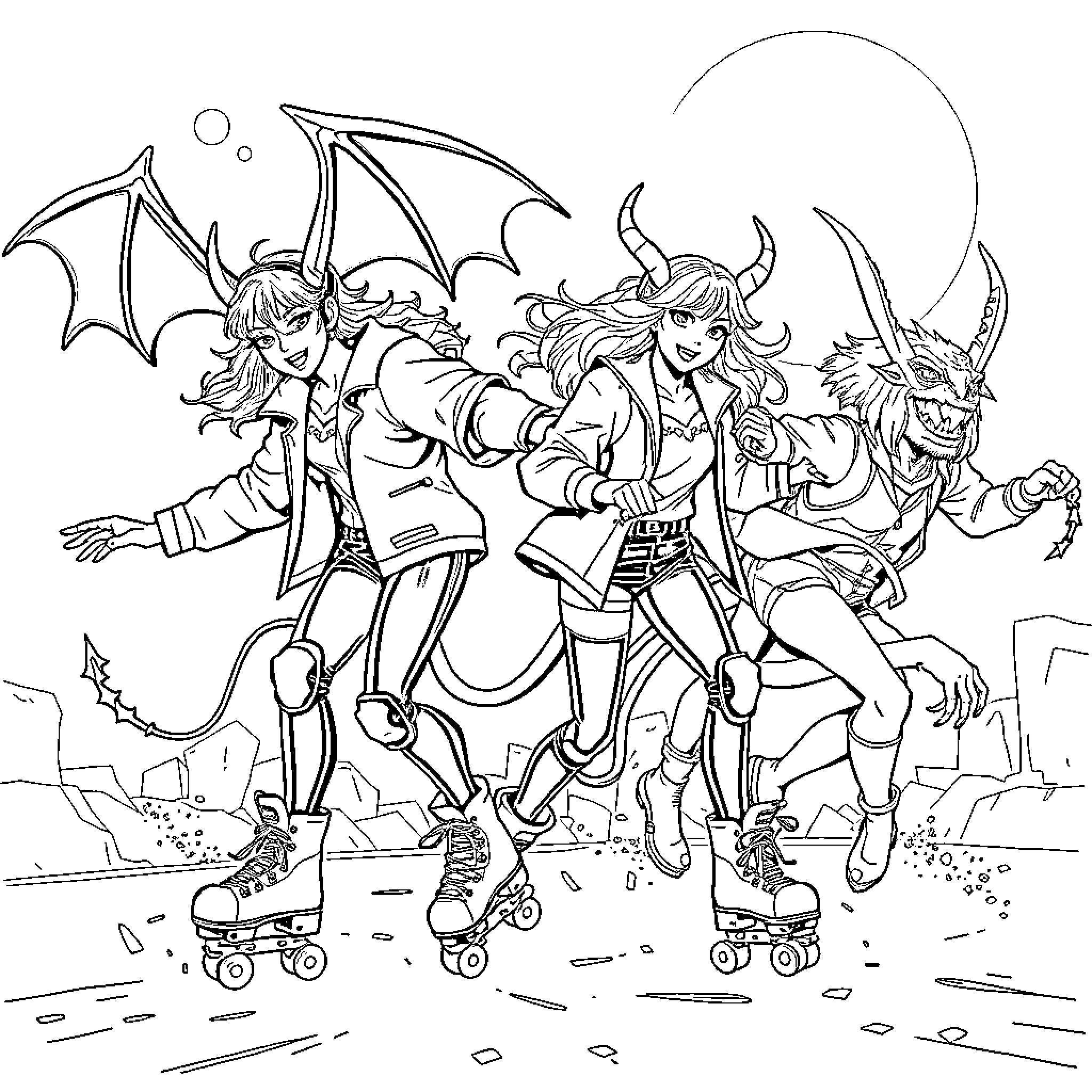 Kpop Demon Duo Roller Skating Adventure Coloring Page (free black-and-white line drawing printable PDF for all, from beginners to advanced learners, including children, teens, adults, and seniors)