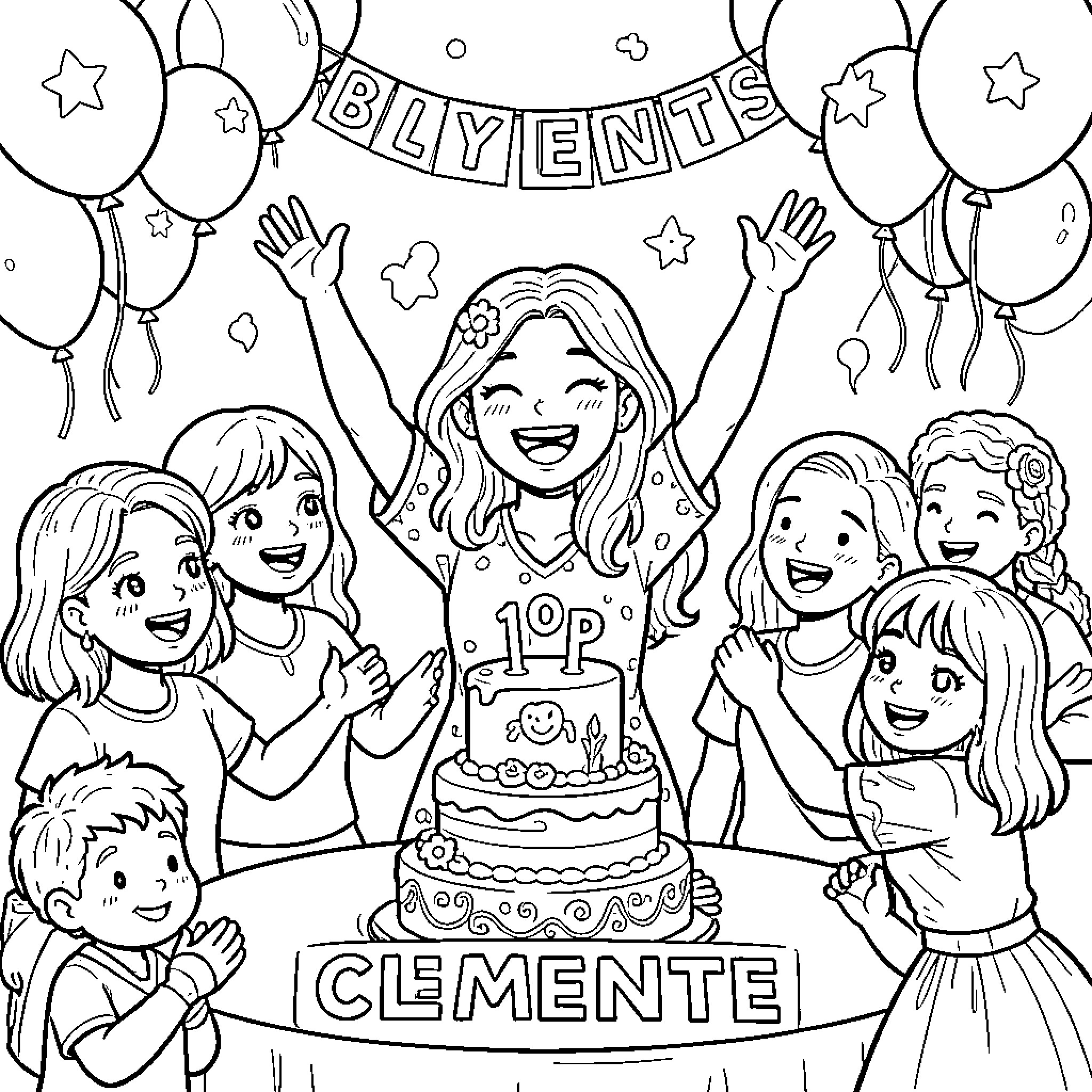 Francisca's Birthday Party with Joyful Friends Coloring Page (free black-and-white line drawing printable PDF for all, from beginners to advanced learners, including children, teens, adults, and seniors)