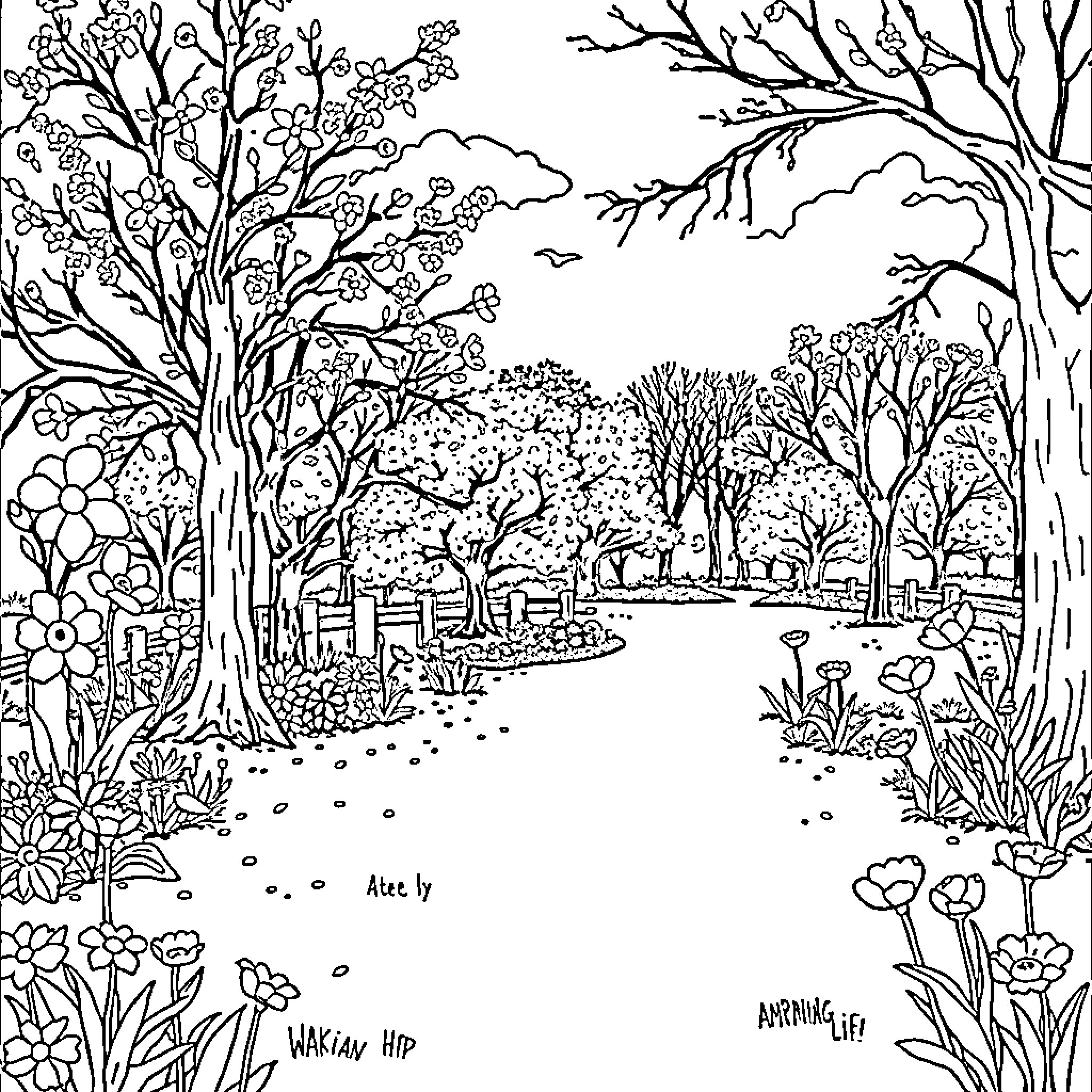 Spring Blooms and Blossoms in the Countryside Coloring Page (free black-and-white line drawing printable PDF for all, from beginners to advanced learners, including children, teens, adults, and seniors)