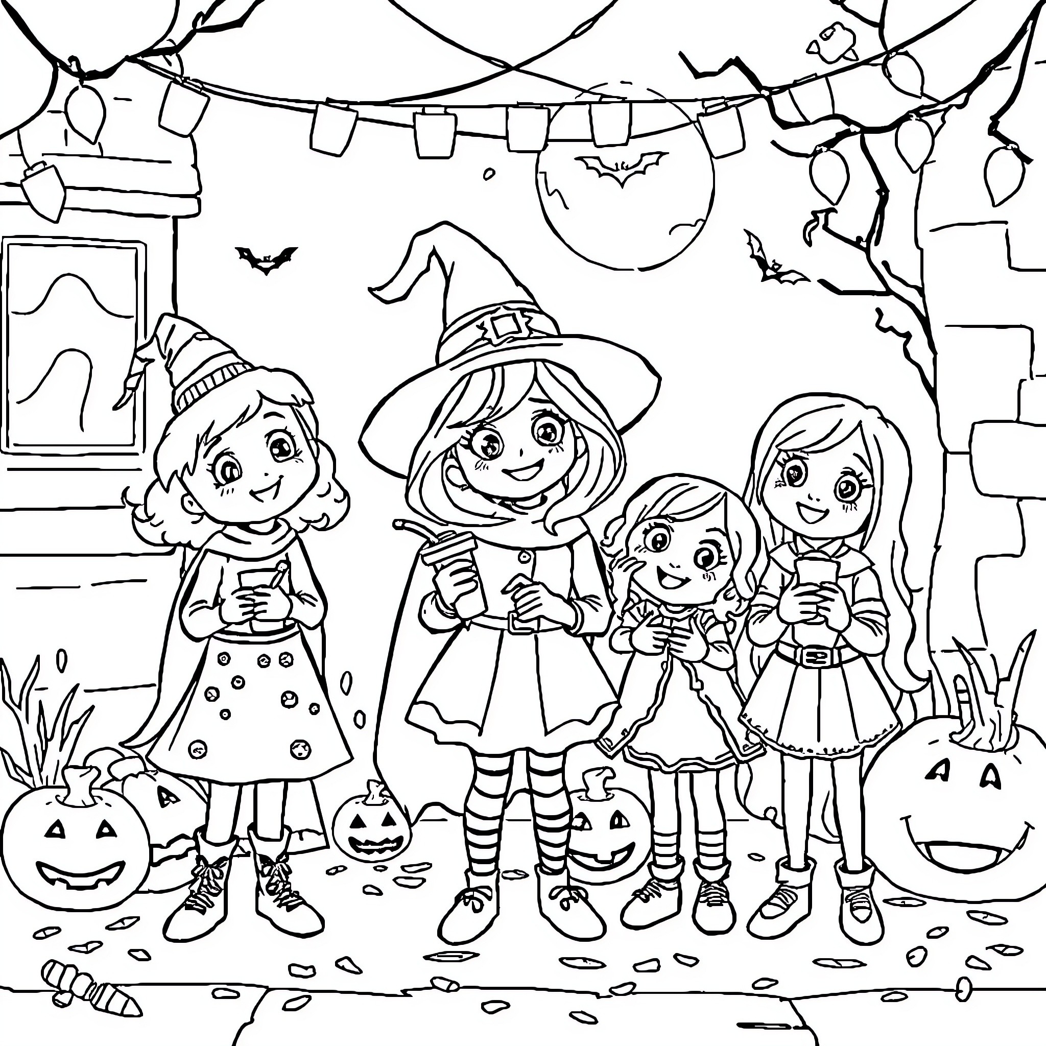Bluey and Friends Celebrate Halloween Coloring Page (free black-and-white line drawing printable PDF for all, from beginners to advanced learners, including children, teens, adults, and seniors)