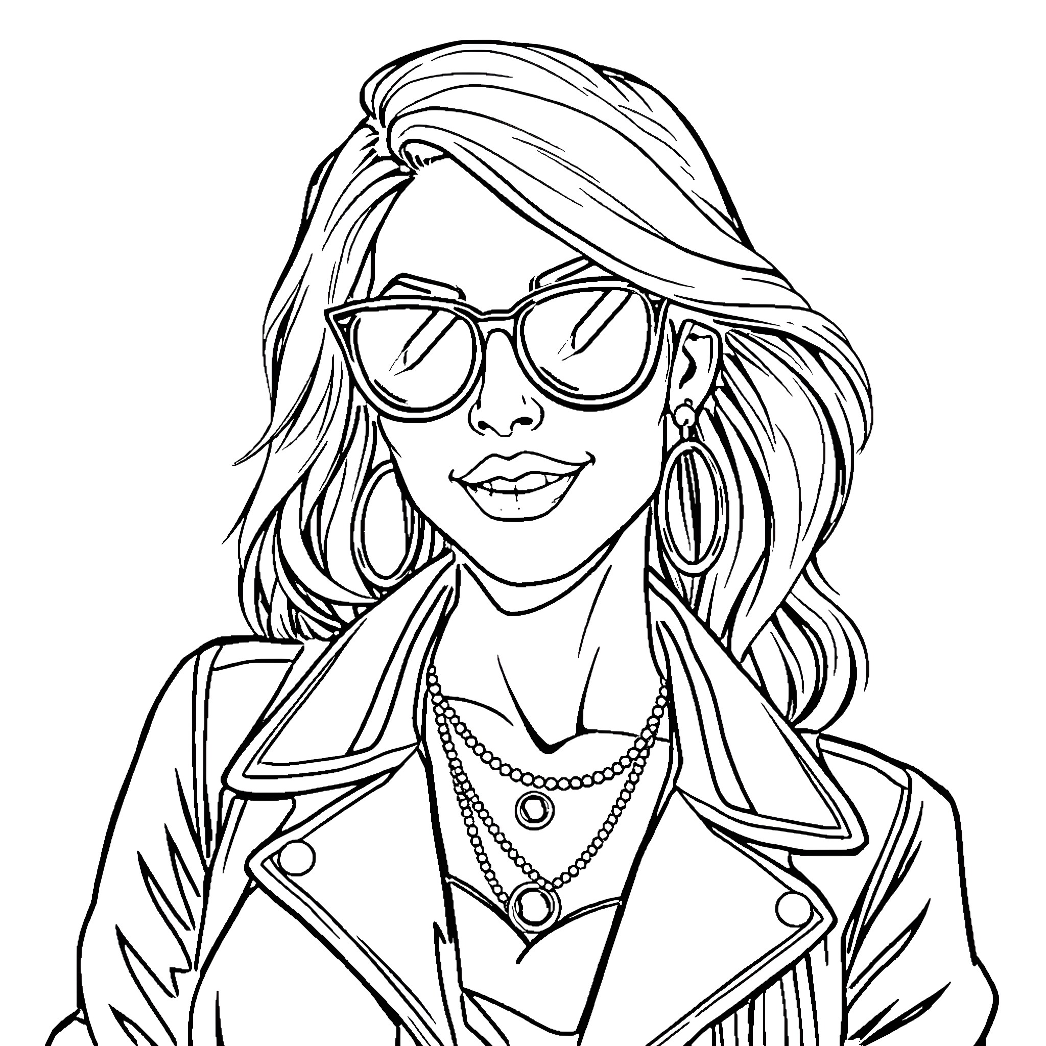 Mom posing stylishly in trendy outfit and sunglasses Coloring Page (free black-and-white line drawing printable PDF for all, from beginners to advanced learners, including children, teens, adults, and seniors)
