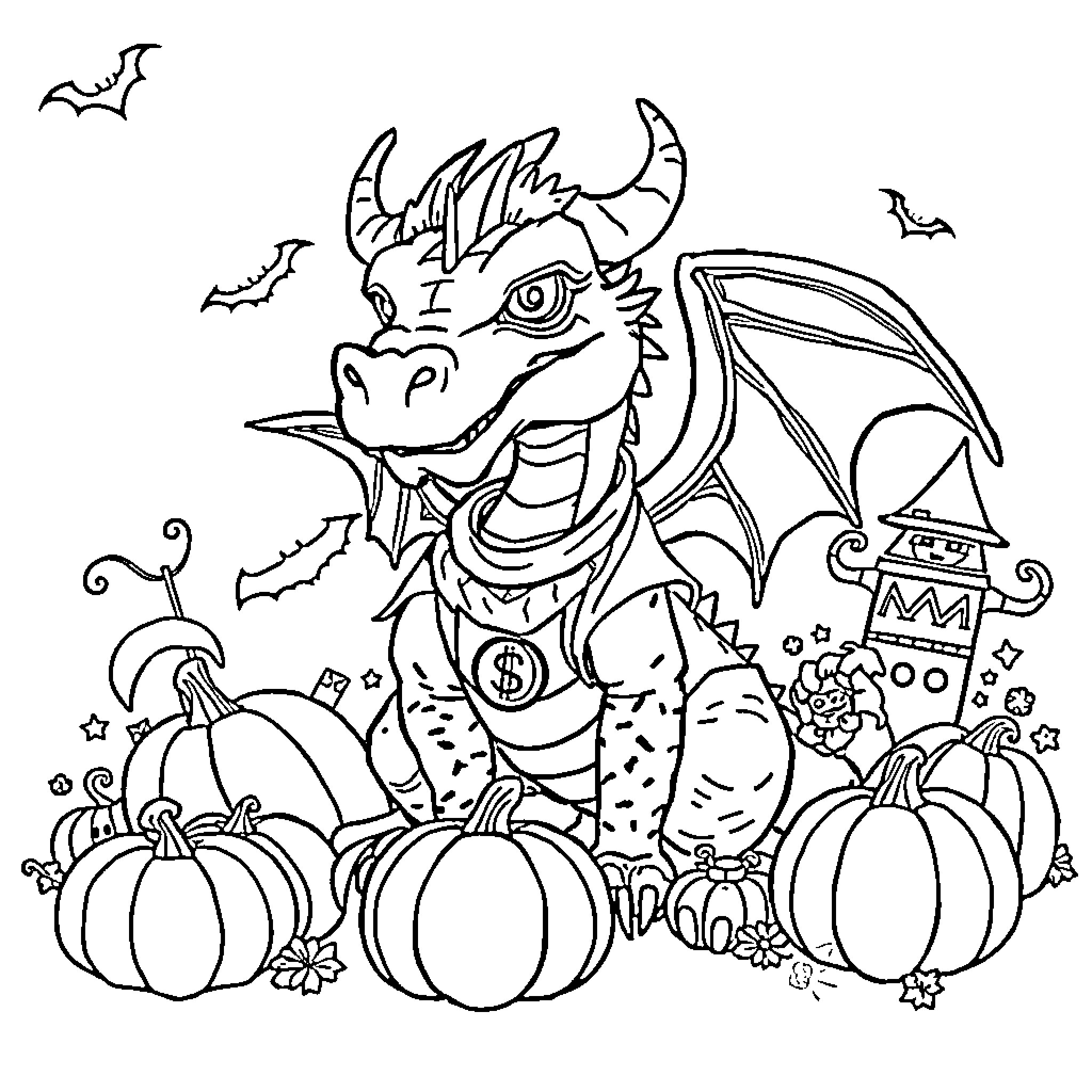 Dragon with Pumpkins and Bats in Spooky Scene Coloring Page (free black-and-white line drawing printable PDF for all, from beginners to advanced learners, including children, teens, adults, and seniors)
