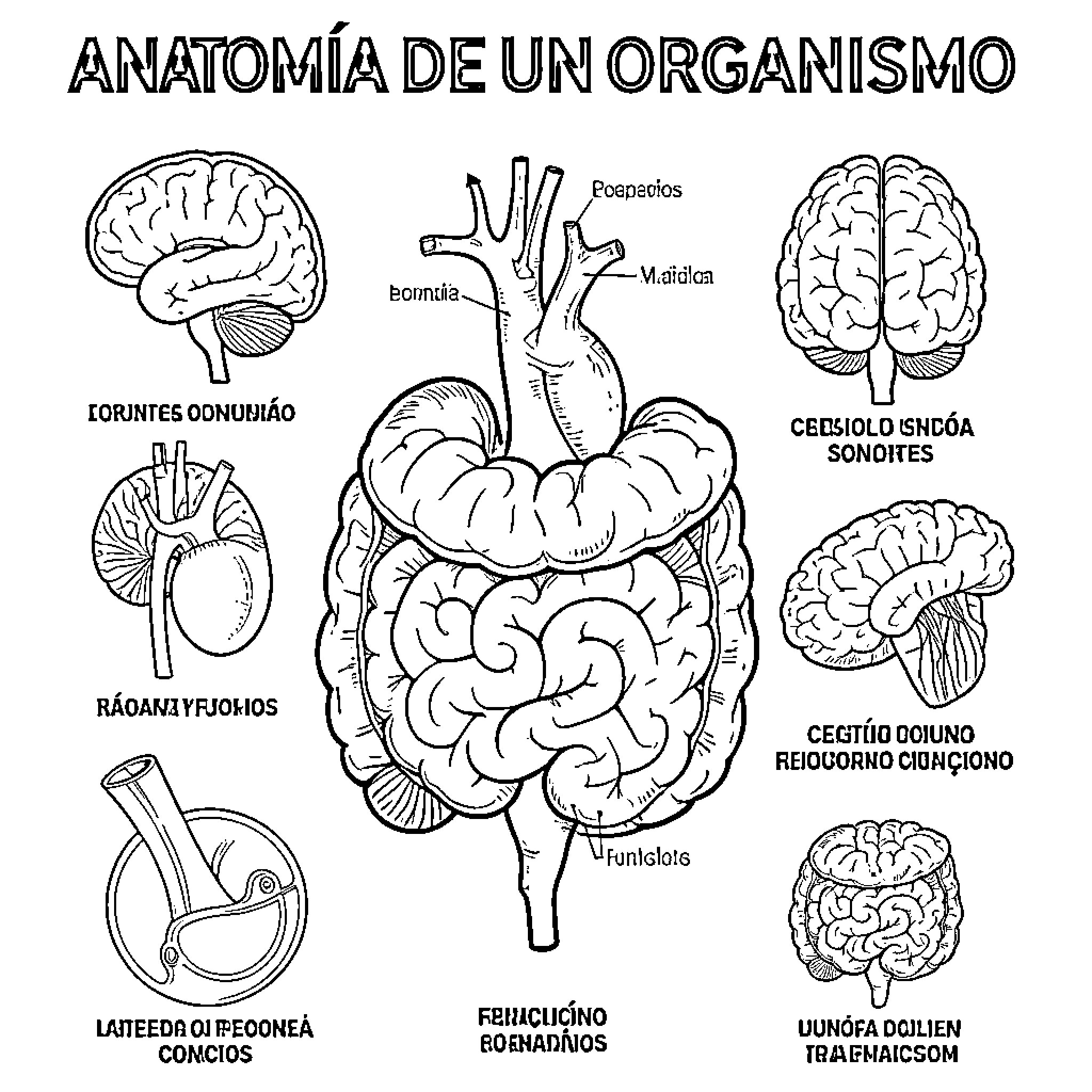 Anatomy of various internal organs and biological structures Coloring Page (free black-and-white line drawing printable PDF for all, from beginners to advanced learners, including children, teens, adults, and seniors)