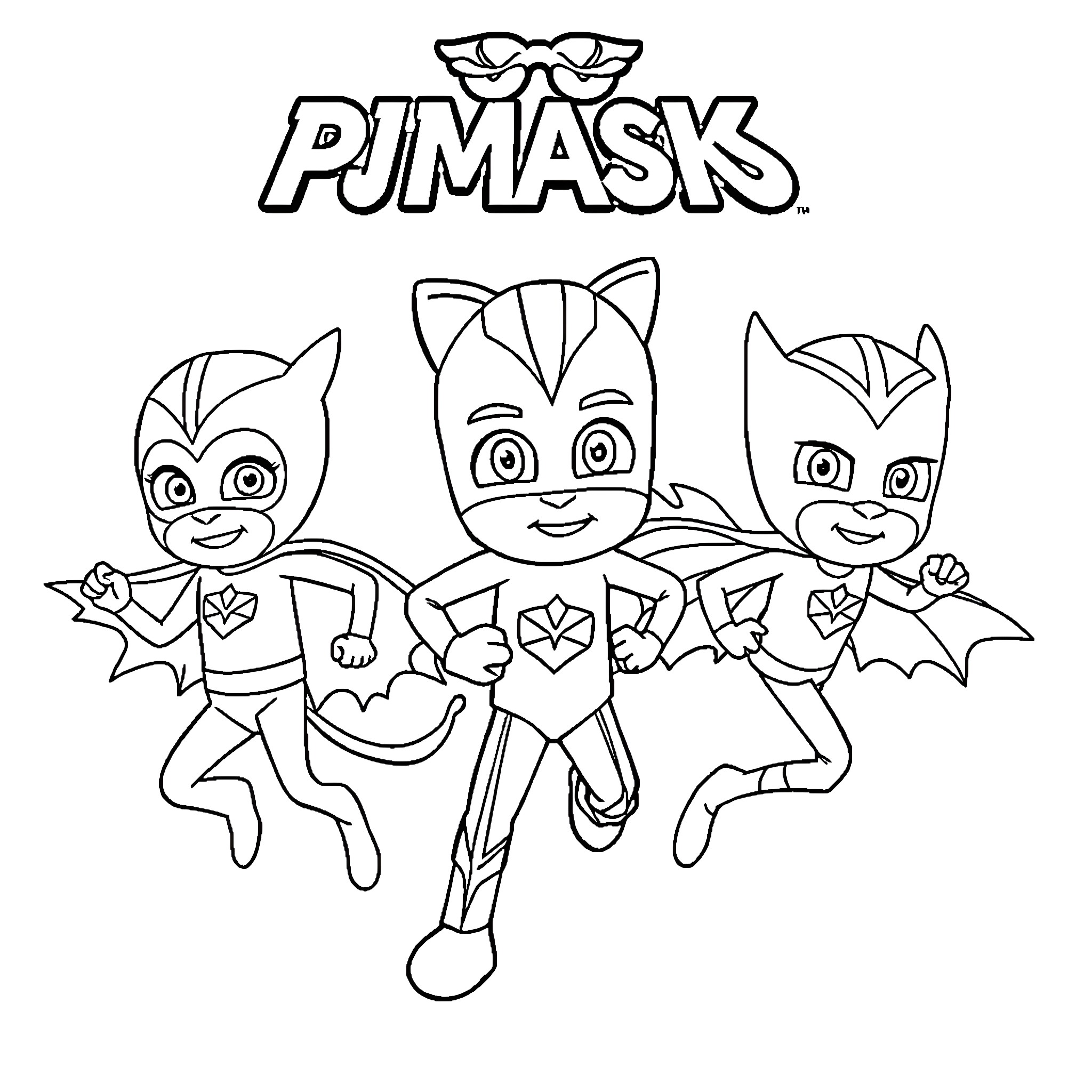 PJ Mask characters in action poses Coloring Page (free black-and-white line drawing printable PDF for all, from beginners to advanced learners, including children, teens, adults, and seniors)
