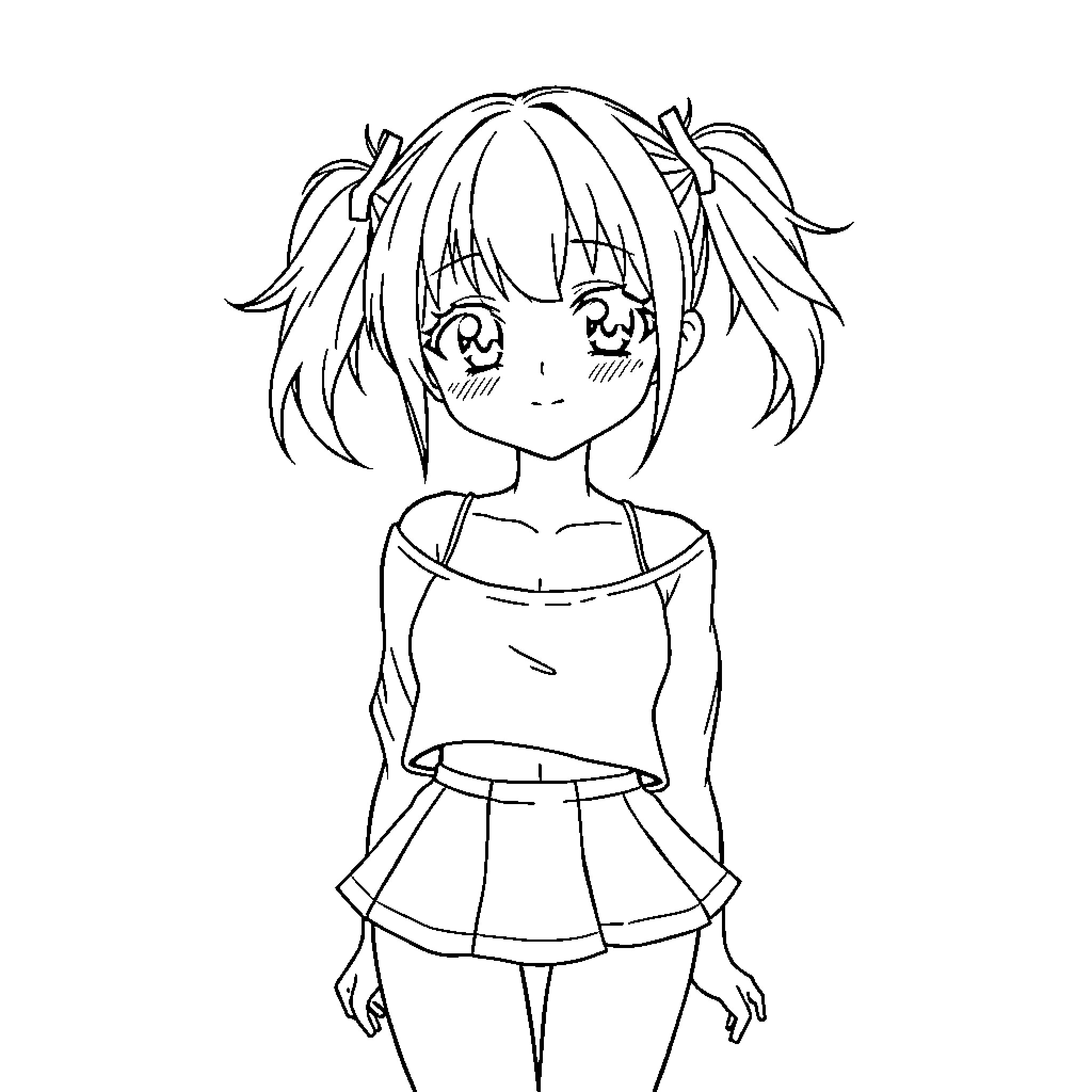 Anime Girl with Pigtails and Casual Outfit Coloring Page (free black-and-white line drawing printable PDF for all, from beginners to advanced learners, including children, teens, adults, and seniors)