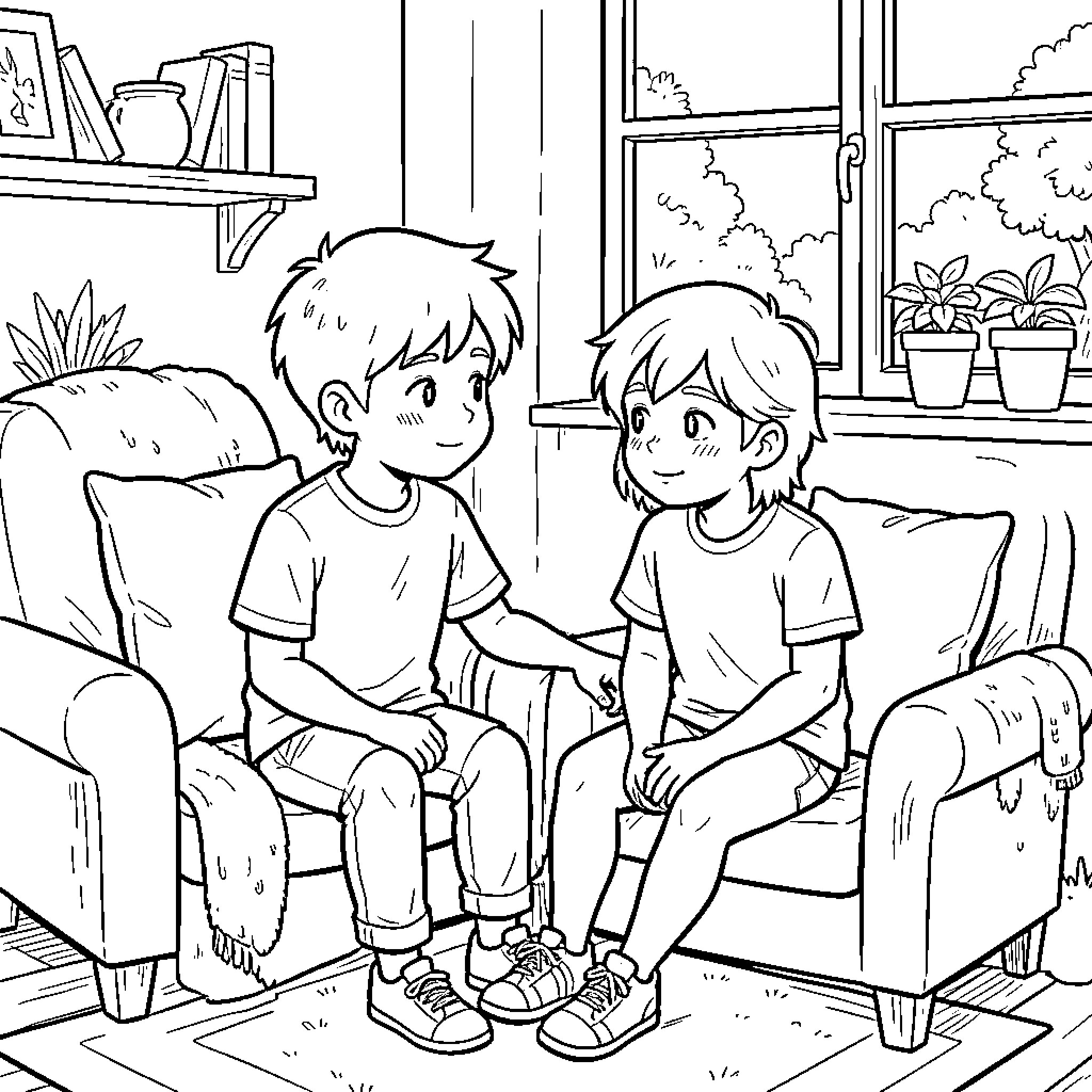 Friendship shared while sitting together on a sofa Coloring Page (free black-and-white line drawing printable PDF for all, from beginners to advanced learners, including children, teens, adults, and seniors)