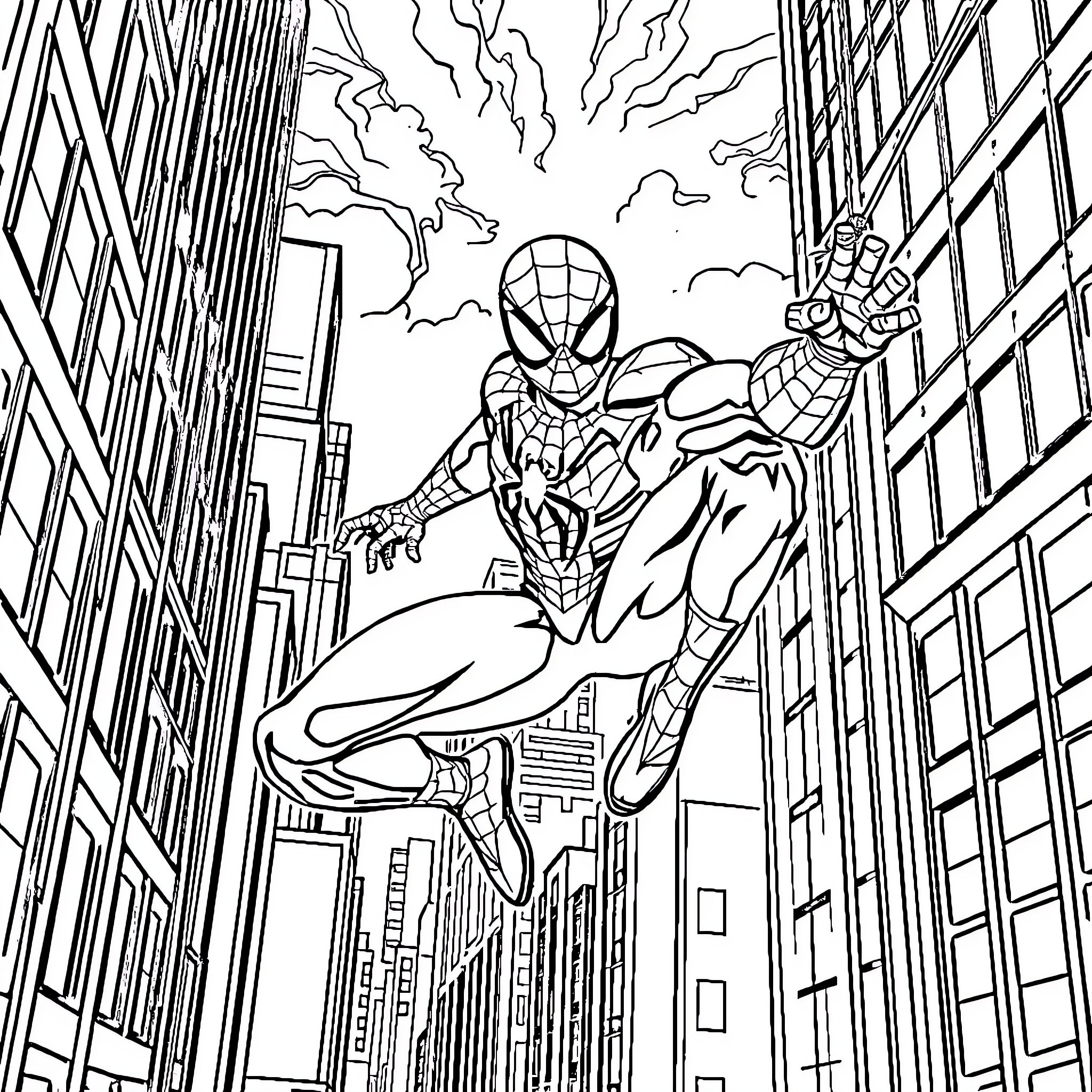 Spiderman swinging through the city Coloring Page (free black-and-white line drawing printable PDF for all, from beginners to advanced learners, including children, teens, adults, and seniors)
