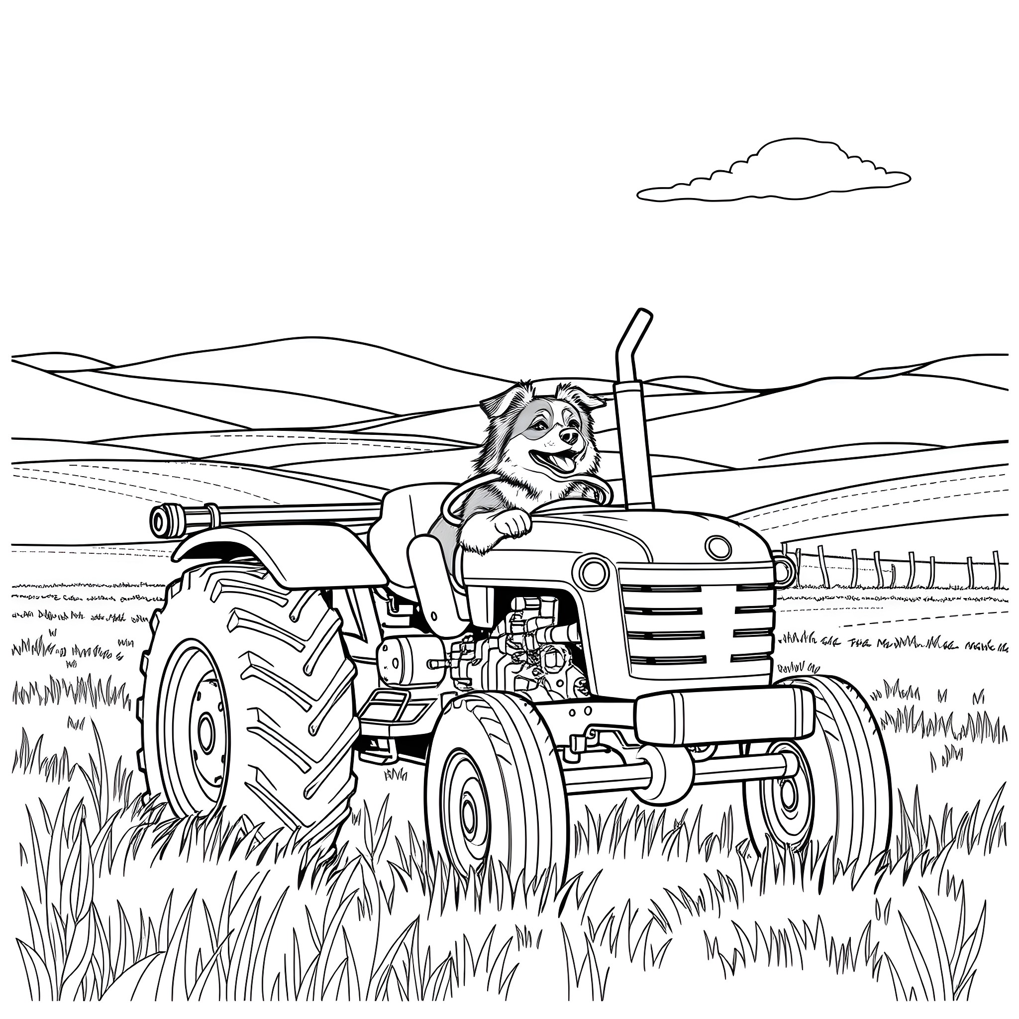 Australian Shepherd riding a tractor in the countryside Coloring Page (free black-and-white line drawing printable PDF for all, from beginners to advanced learners, including children, teens, adults, and seniors)