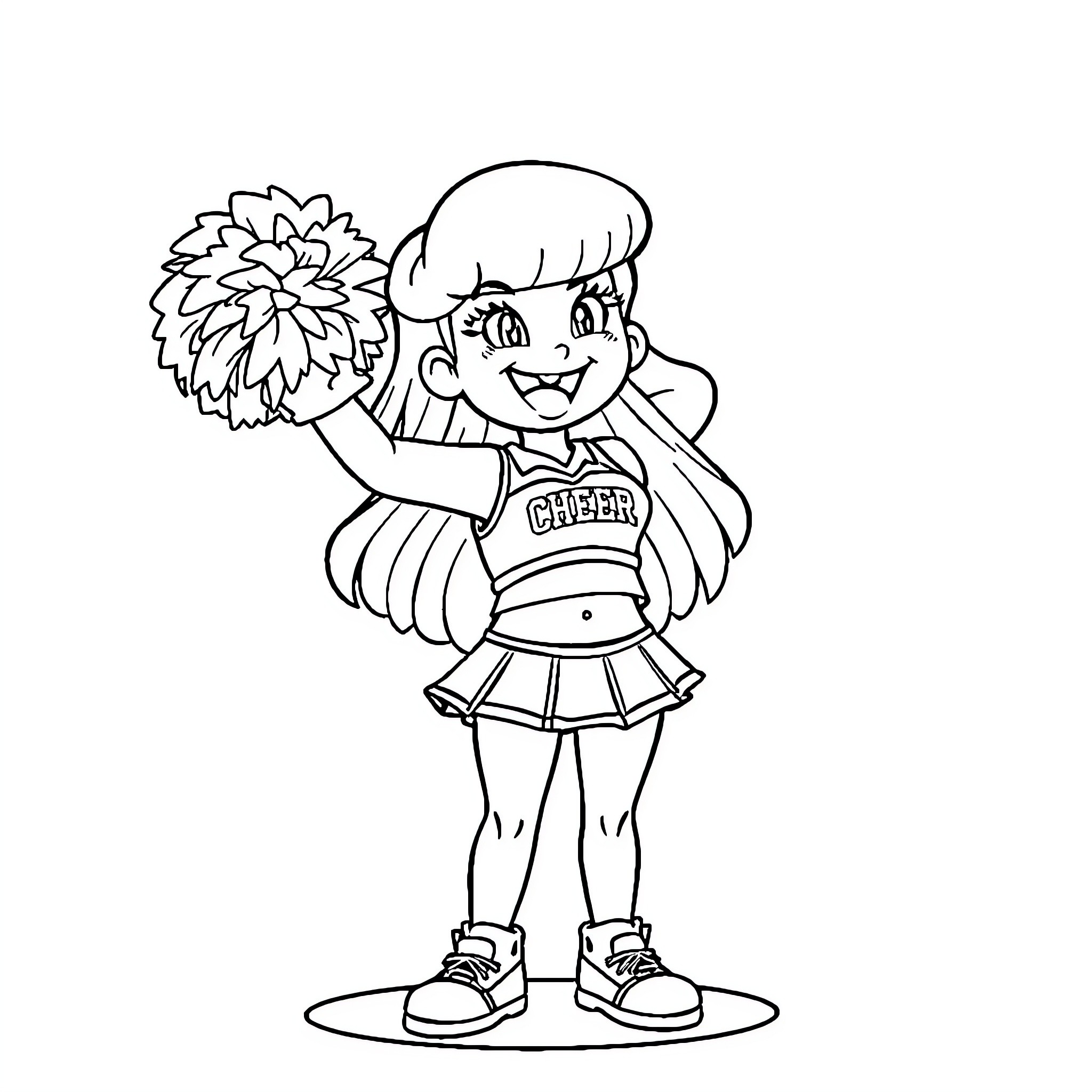 Bulma as a cheerful and energetic cheerleader Coloring Page (free black-and-white line drawing printable PDF for all, from beginners to advanced learners, including children, teens, adults, and seniors)
