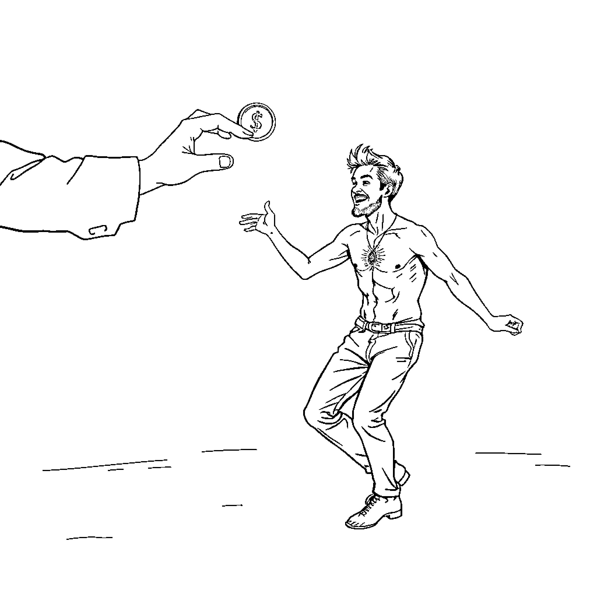 Man Reaching for Coin Offered by Hand Coloring Page (free black-and-white line drawing printable PDF for all, from beginners to advanced learners, including children, teens, adults, and seniors)