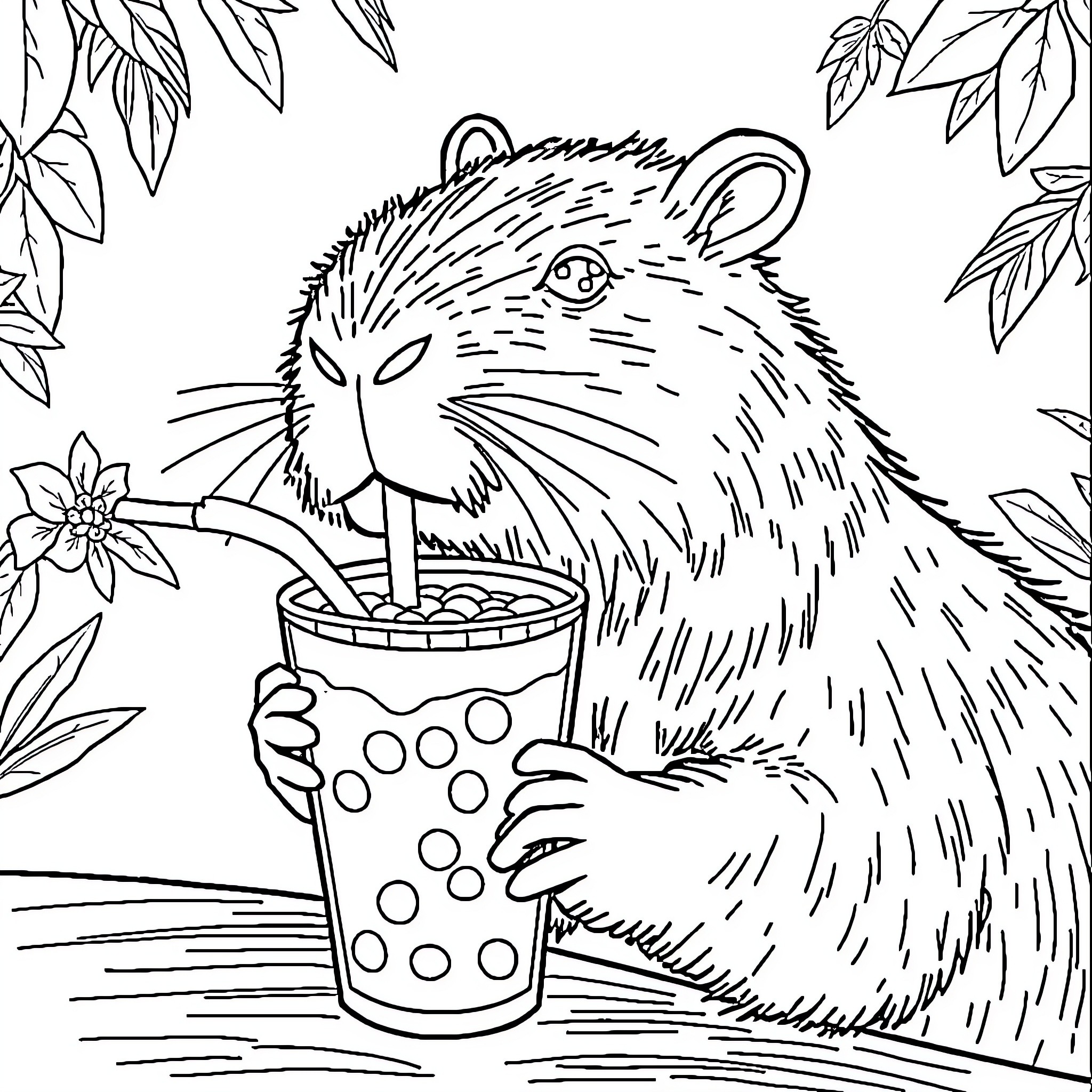 Capybara enjoying a refreshing drink in the garden Coloring Page (free black-and-white line drawing printable PDF for all, from beginners to advanced learners, including children, teens, adults, and seniors)