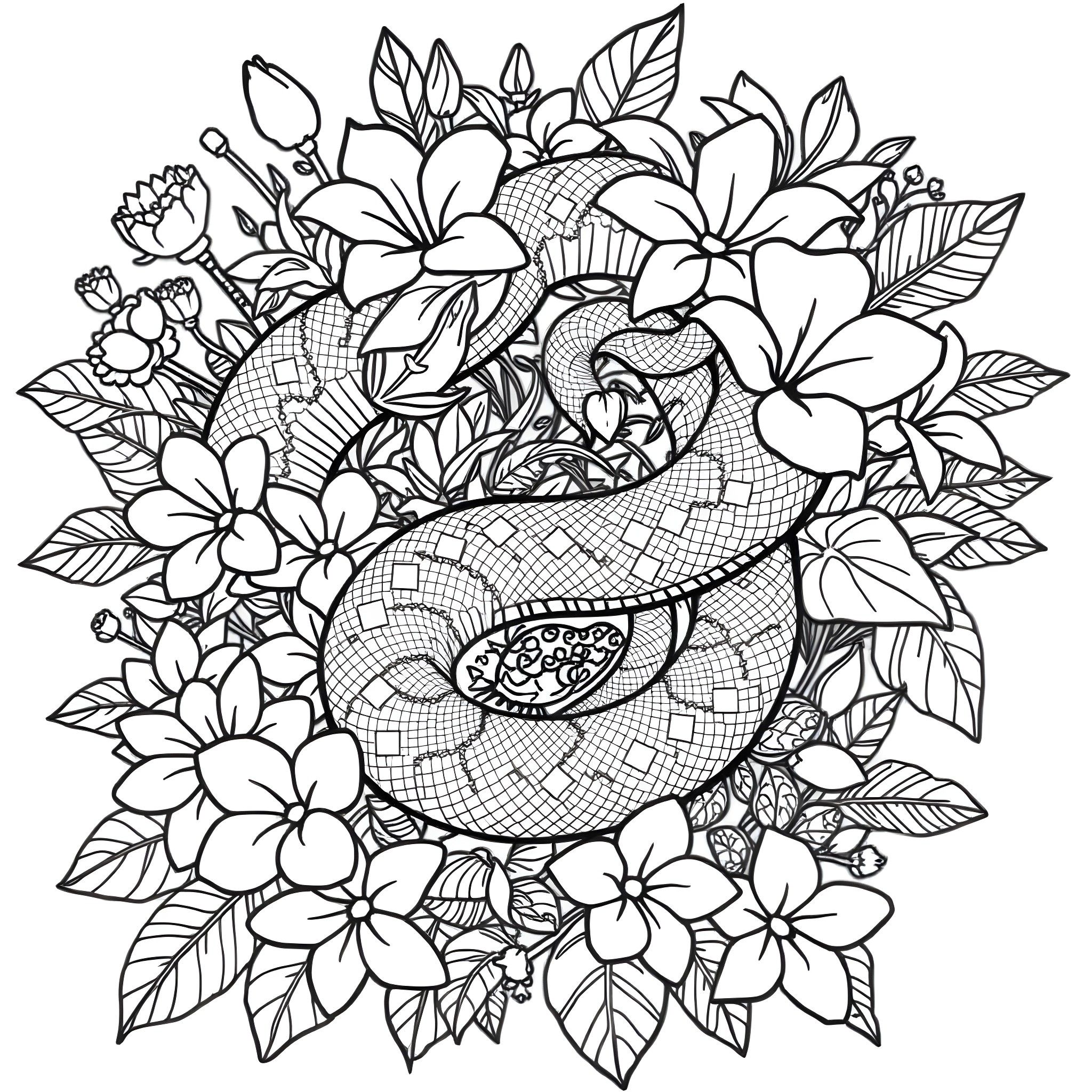 Dendroaspis Angusticeps snakes among tropical flowers Coloring Page (free black-and-white line drawing printable PDF for all, from beginners to advanced learners, including children, teens, adults, and seniors)