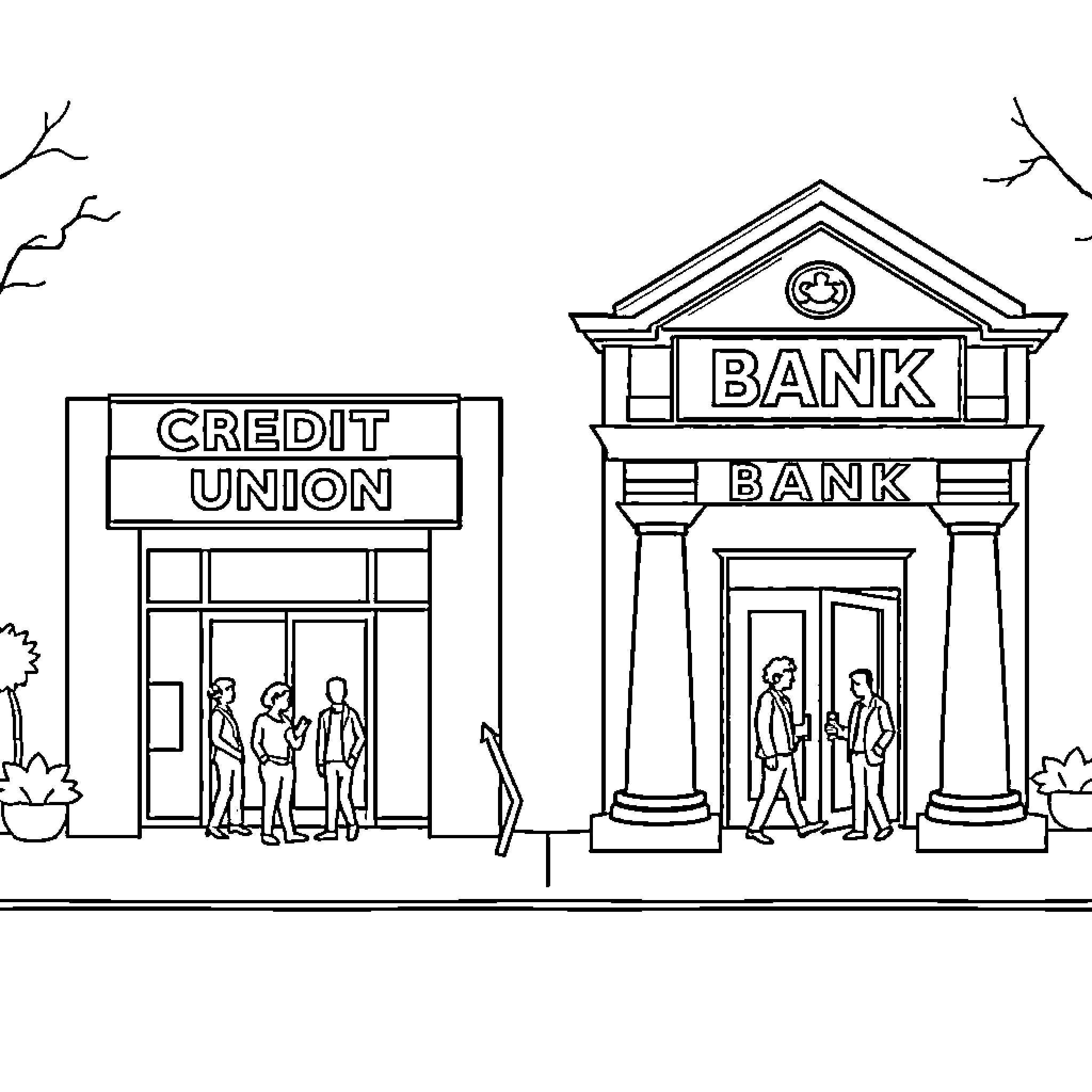 Credit Union and Bank Facade with People Coloring Page (free black-and-white line drawing printable PDF for all, from beginners to advanced learners, including children, teens, adults, and seniors)