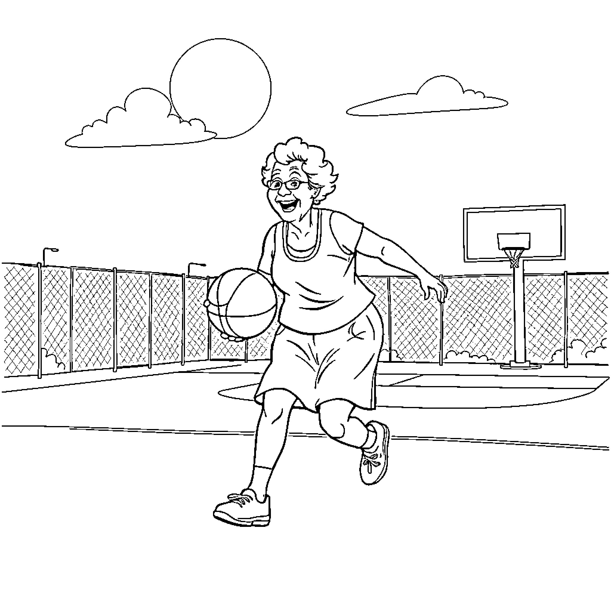 Grandma playing basketball on the court Coloring Page (free black-and-white line drawing printable PDF for all, from beginners to advanced learners, including children, teens, adults, and seniors)
