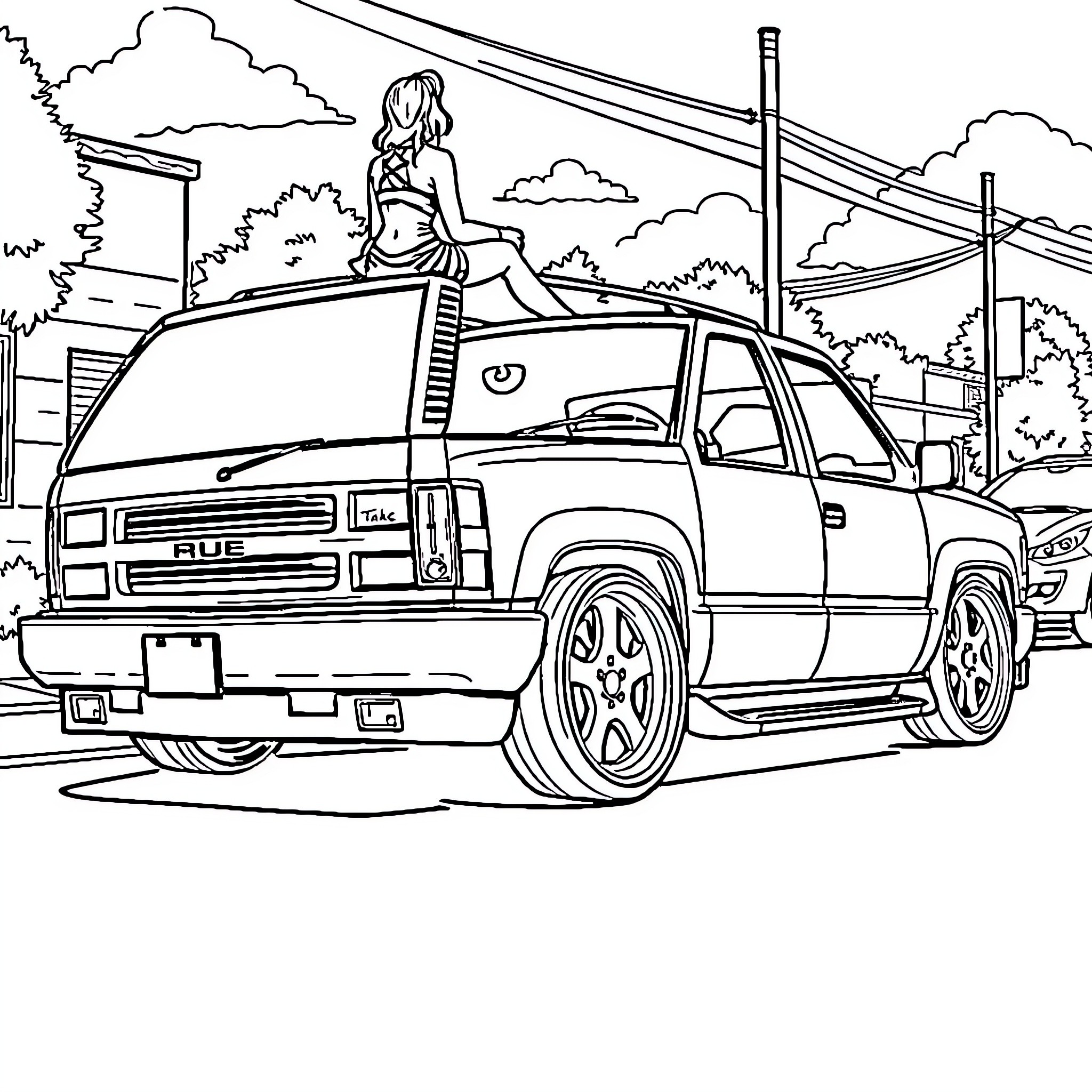 Tahoe woman sitting on a modified pickup truck Coloring Page (free black-and-white line drawing printable PDF for all, from beginners to advanced learners, including children, teens, adults, and seniors)