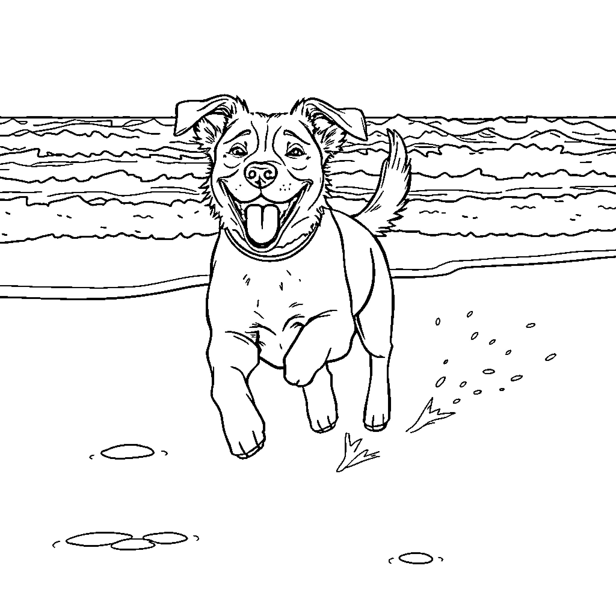 Dog happily running on the beach Coloring Page (free black-and-white line drawing printable PDF for all, from beginners to advanced learners, including children, teens, adults, and seniors)