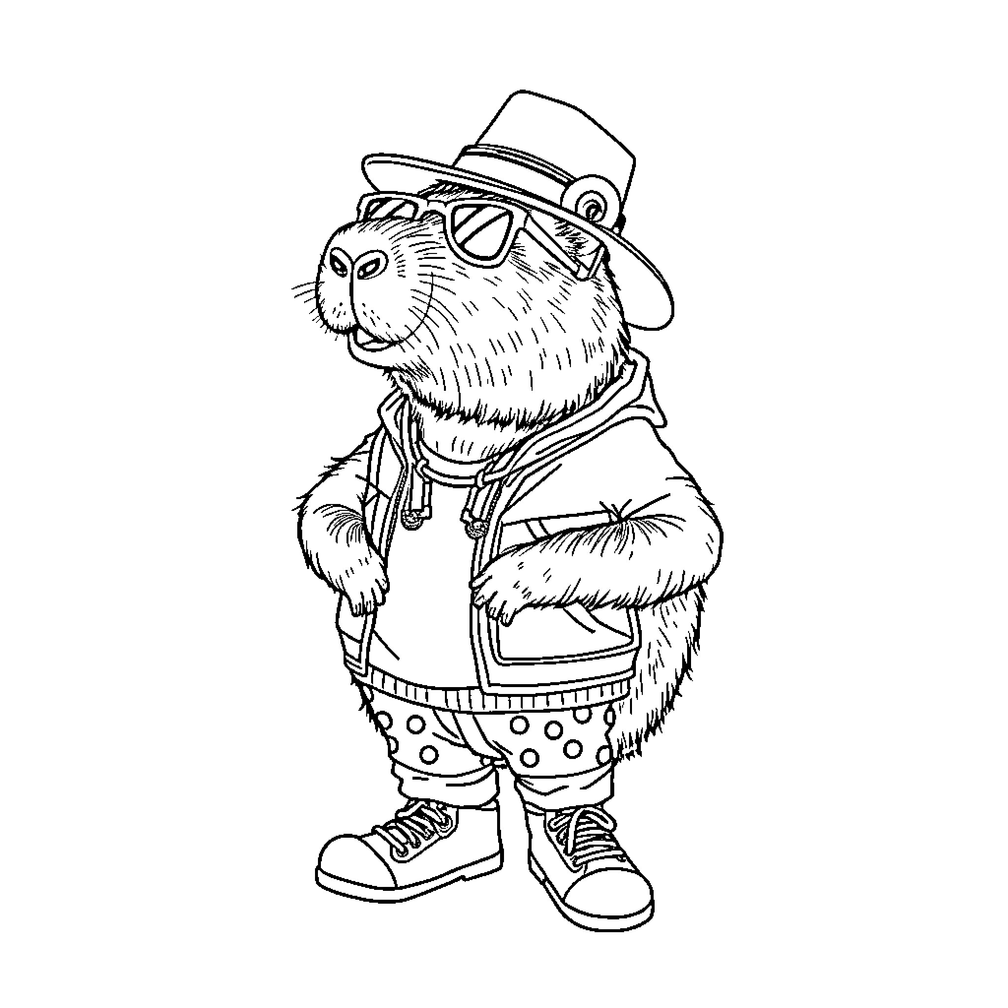 Capybara wearing fashionable outfit and accessories Coloring Page (free black-and-white line drawing printable PDF for all, from beginners to advanced learners, including children, teens, adults, and seniors)