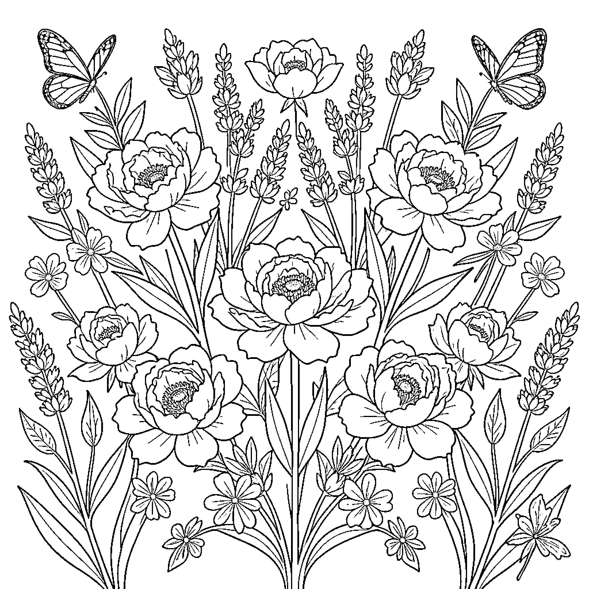 Flower garden with butterflies and blooms Coloring Page (free black-and-white line drawing printable PDF for all, from beginners to advanced learners, including children, teens, adults, and seniors)