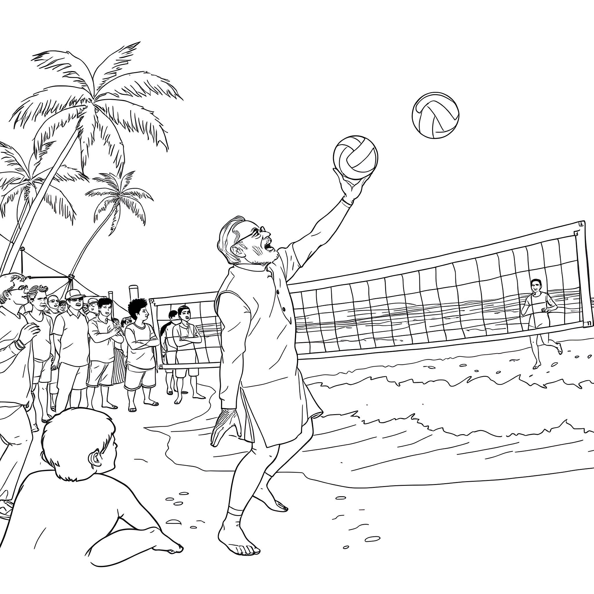Narendra Modi playing volleyball with people on beach Coloring Page (free black-and-white line drawing printable PDF for all, from beginners to advanced learners, including children, teens, adults, and seniors)