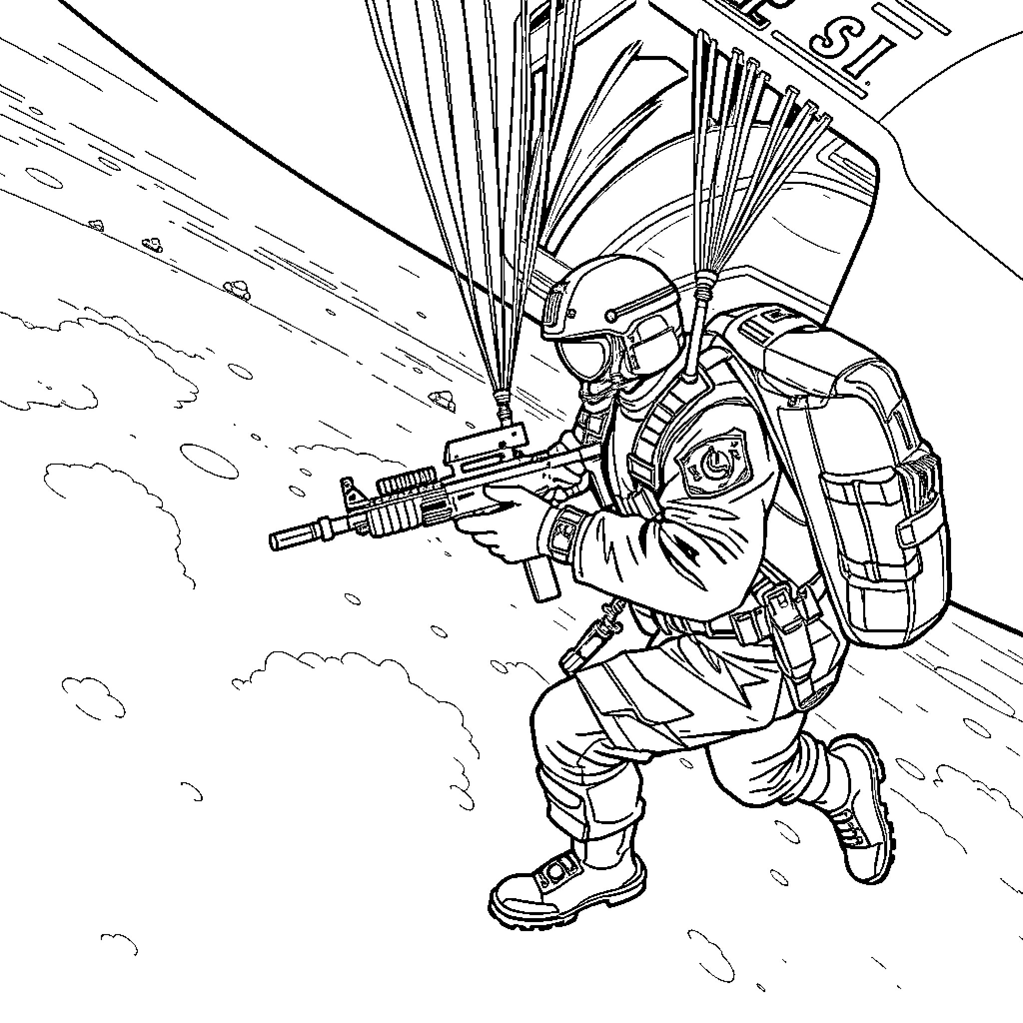 Soldier on the battlefield with weaponry and equipment Coloring Page (free black-and-white line drawing printable PDF for all, from beginners to advanced learners, including children, teens, adults, and seniors)