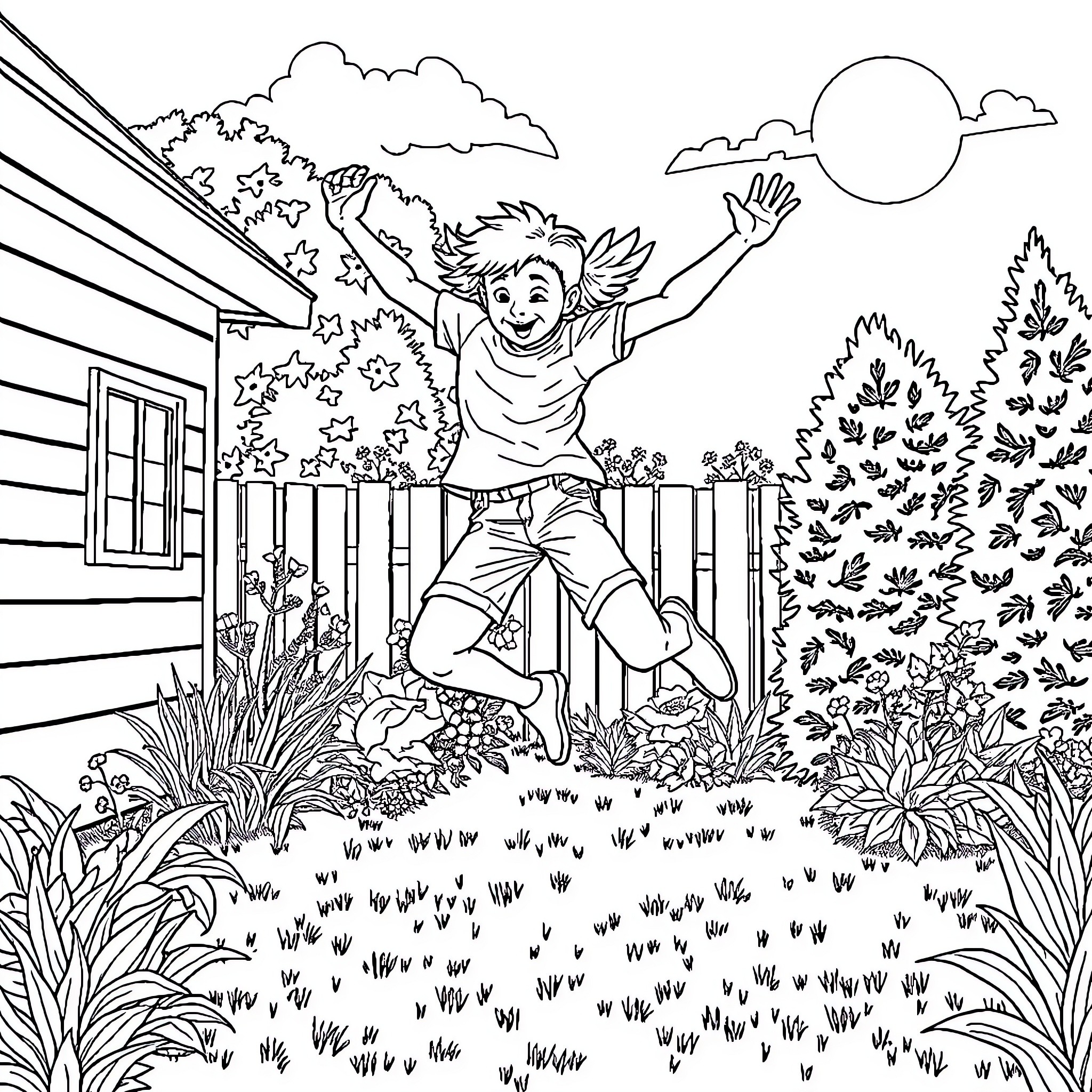 Jumping with joy in the garden Coloring Page (free black-and-white line drawing printable PDF for all, from beginners to advanced learners, including children, teens, adults, and seniors)