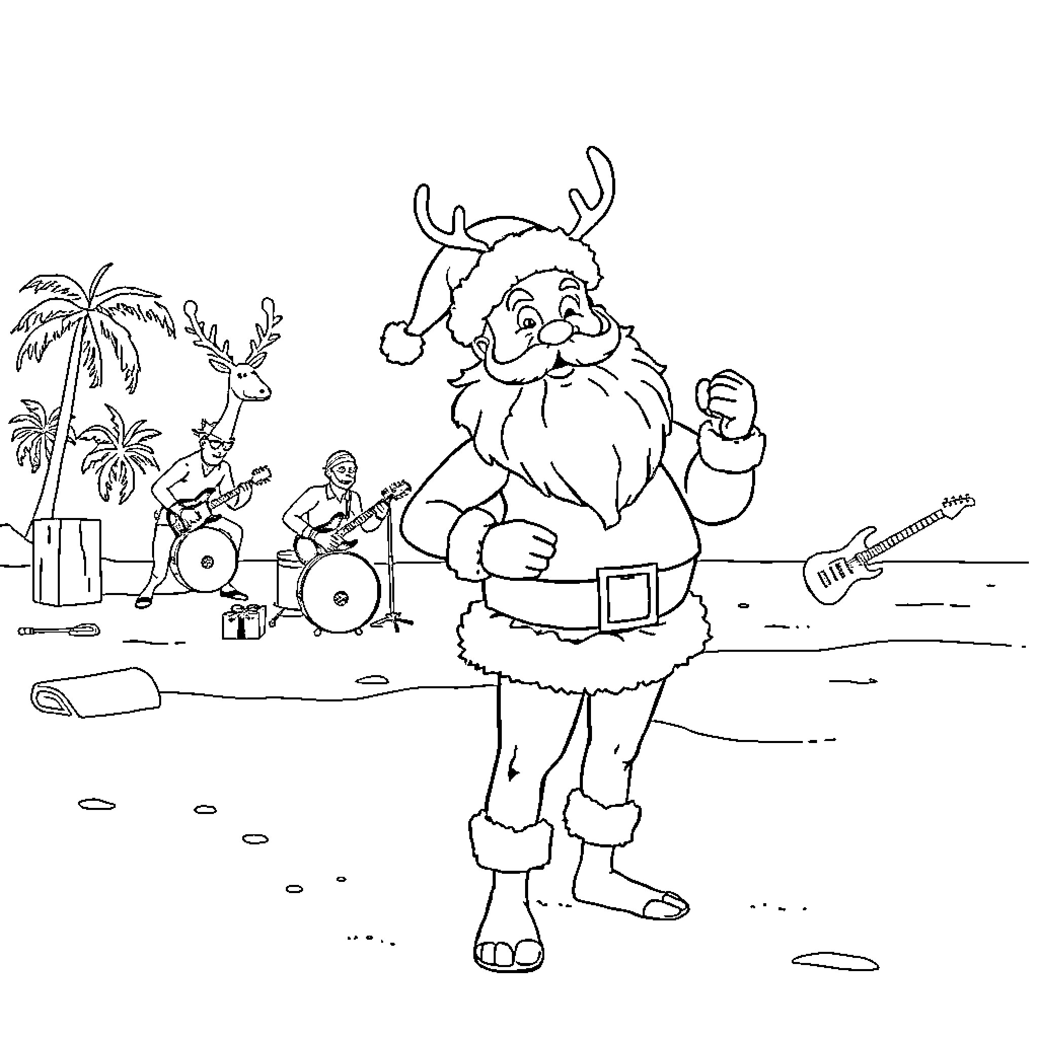 Santa entertaining a tropical beach party Coloring Page (free black-and-white line drawing printable PDF for all, from beginners to advanced learners, including children, teens, adults, and seniors)