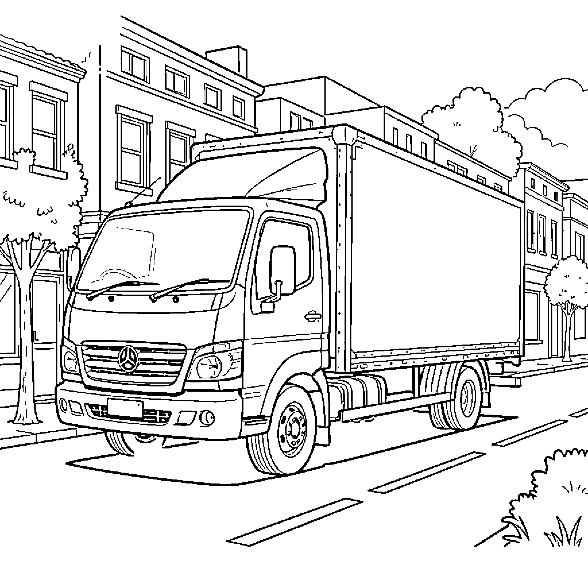 Truck driving down a city street lined with buildings Coloring Page (free black-and-white line drawing printable PDF for all, from beginners to advanced learners, including children, teens, adults, and seniors)