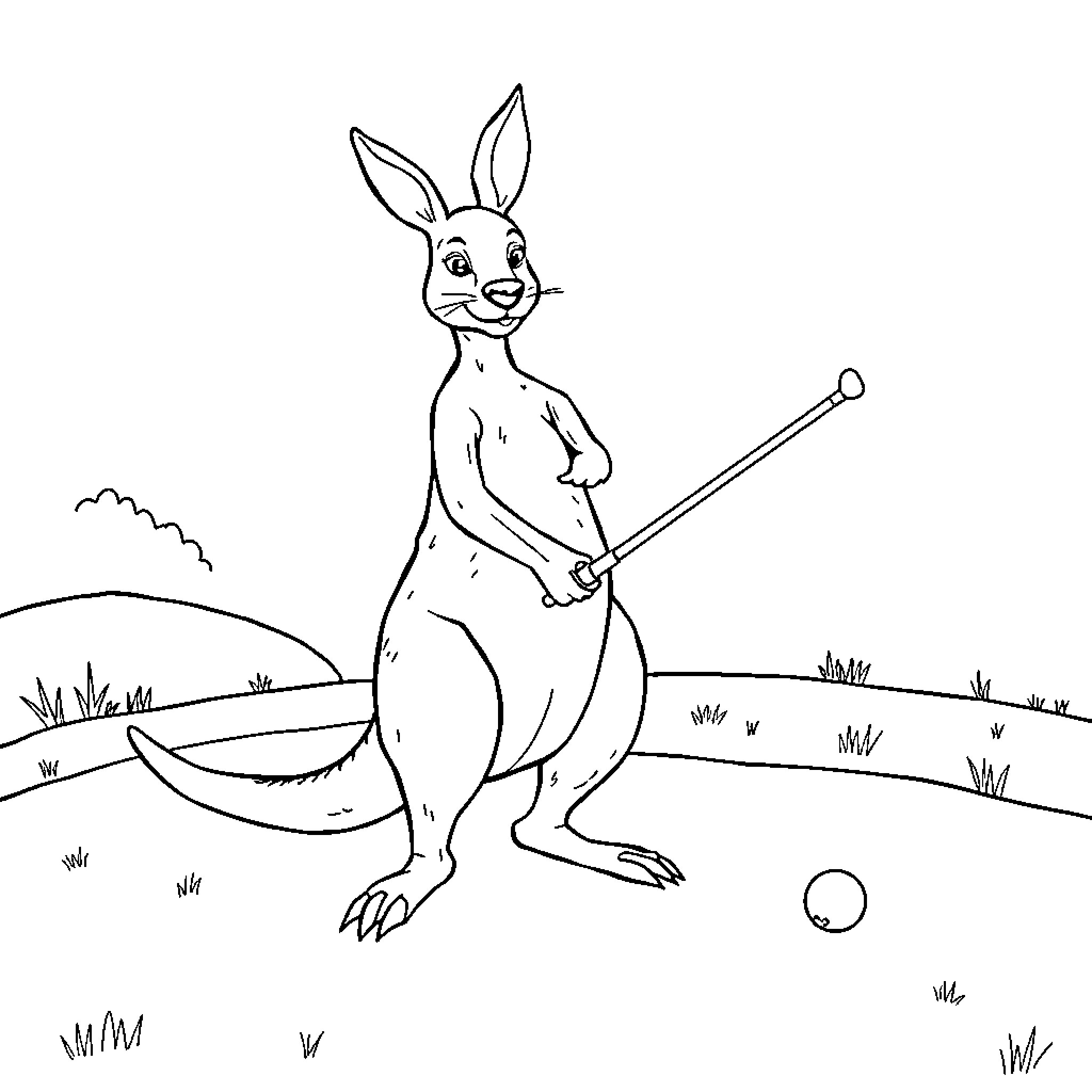 Kangaroo playing golf in the countryside Coloring Page (free black-and-white line drawing printable PDF for all, from beginners to advanced learners, including children, teens, adults, and seniors)