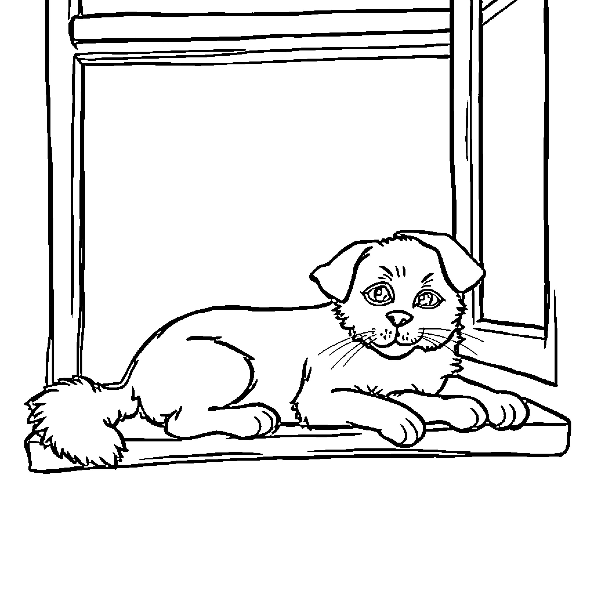 Dog resting peacefully by the window Coloring Page (free black-and-white line drawing printable PDF for all, from beginners to advanced learners, including children, teens, adults, and seniors)