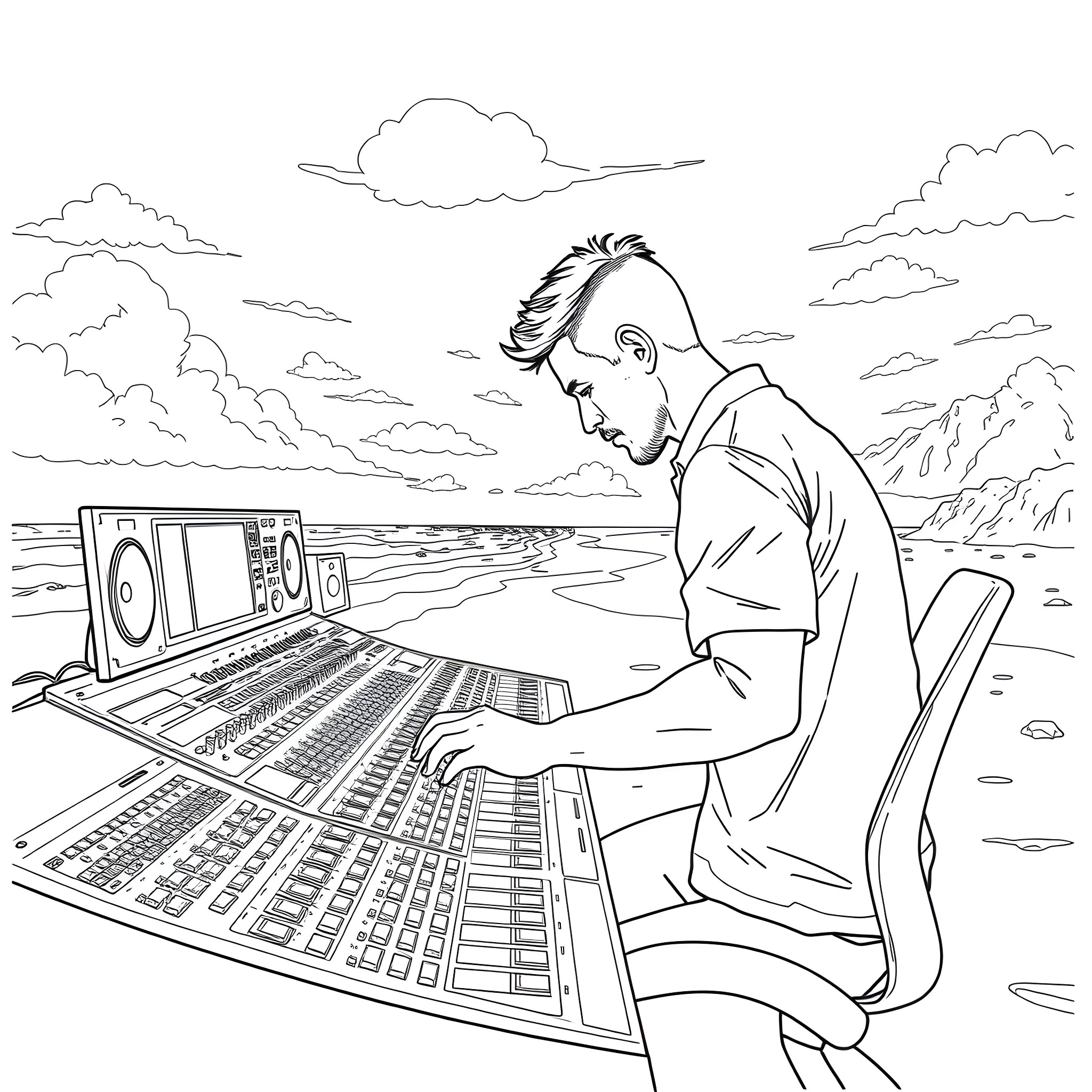 Man recording music in the mountain landscape Coloring Page (free black-and-white line drawing printable PDF for all, from beginners to advanced learners, including children, teens, adults, and seniors)