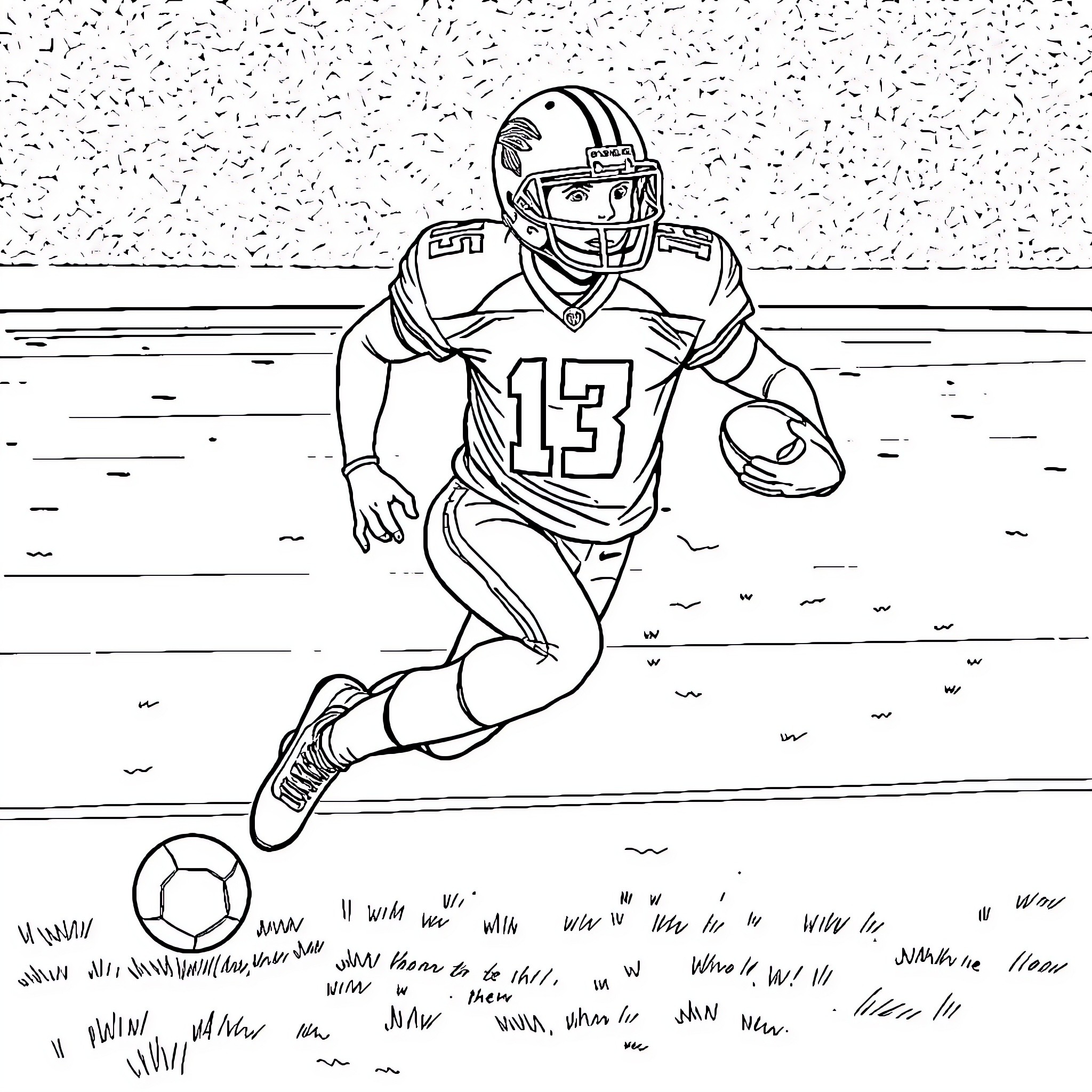 Football Player Running on the Field Coloring Page (free black-and-white line drawing printable PDF for all, from beginners to advanced learners, including children, teens, adults, and seniors)