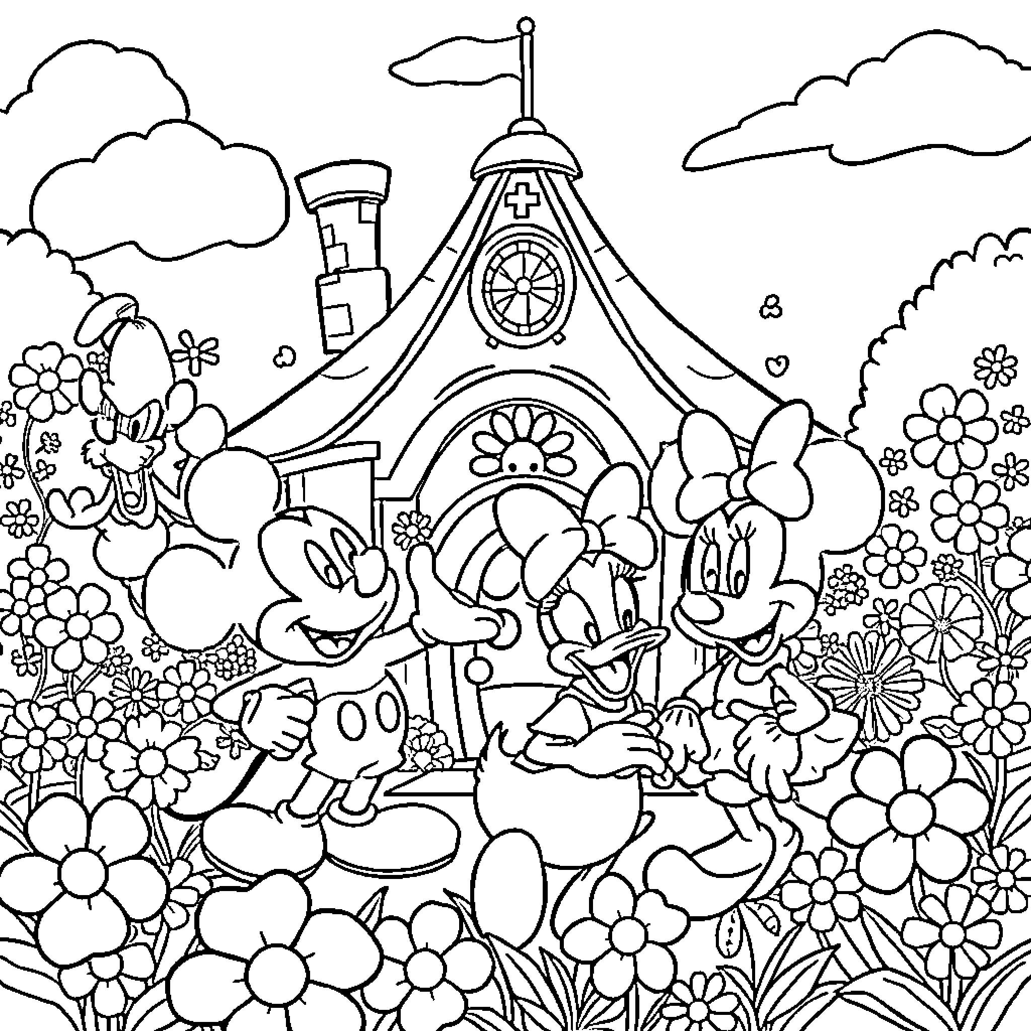 Mickey Mouse enjoying a day at the enchanted castle Coloring Page (free black-and-white line drawing printable PDF for all, from beginners to advanced learners, including children, teens, adults, and seniors)