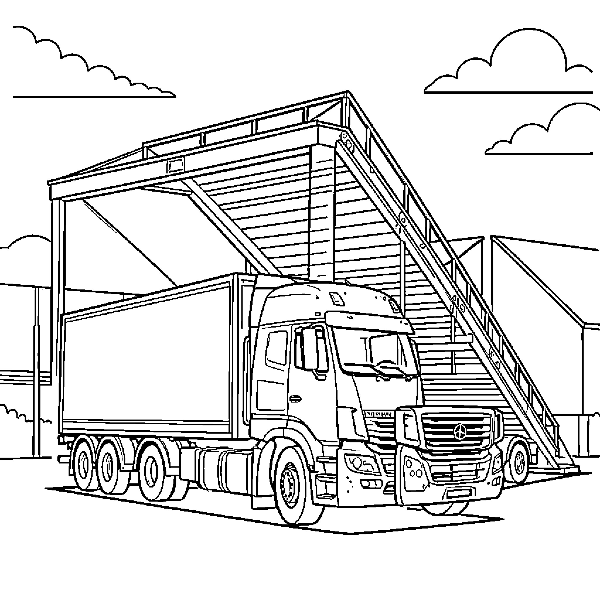 TIR truck being loaded onto a large ramp Coloring Page (free black-and-white line drawing printable PDF for all, from beginners to advanced learners, including children, teens, adults, and seniors)