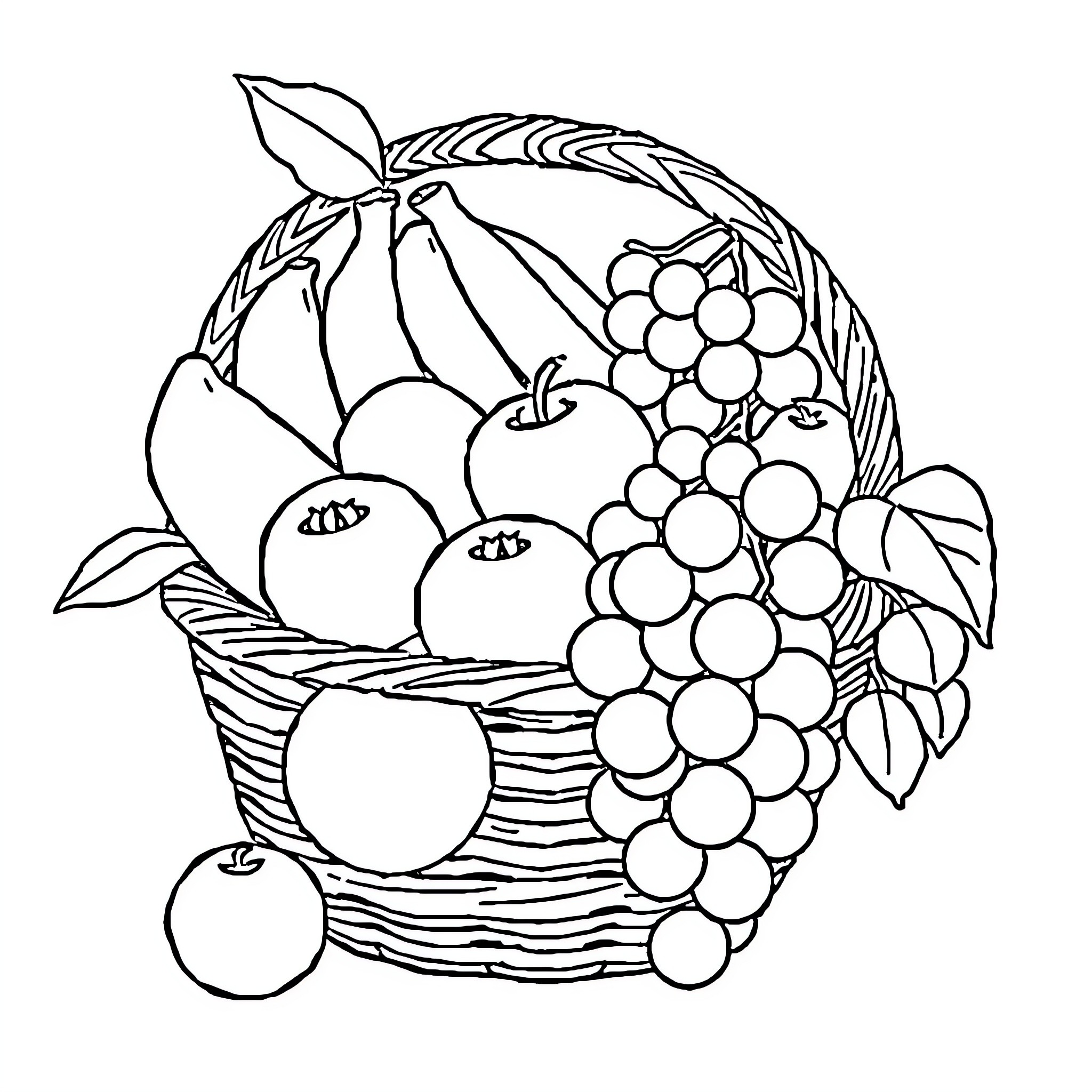Fruit Basket with Assorted Produce Coloring Page (free black-and-white line drawing printable PDF for all, from beginners to advanced learners, including children, teens, adults, and seniors)