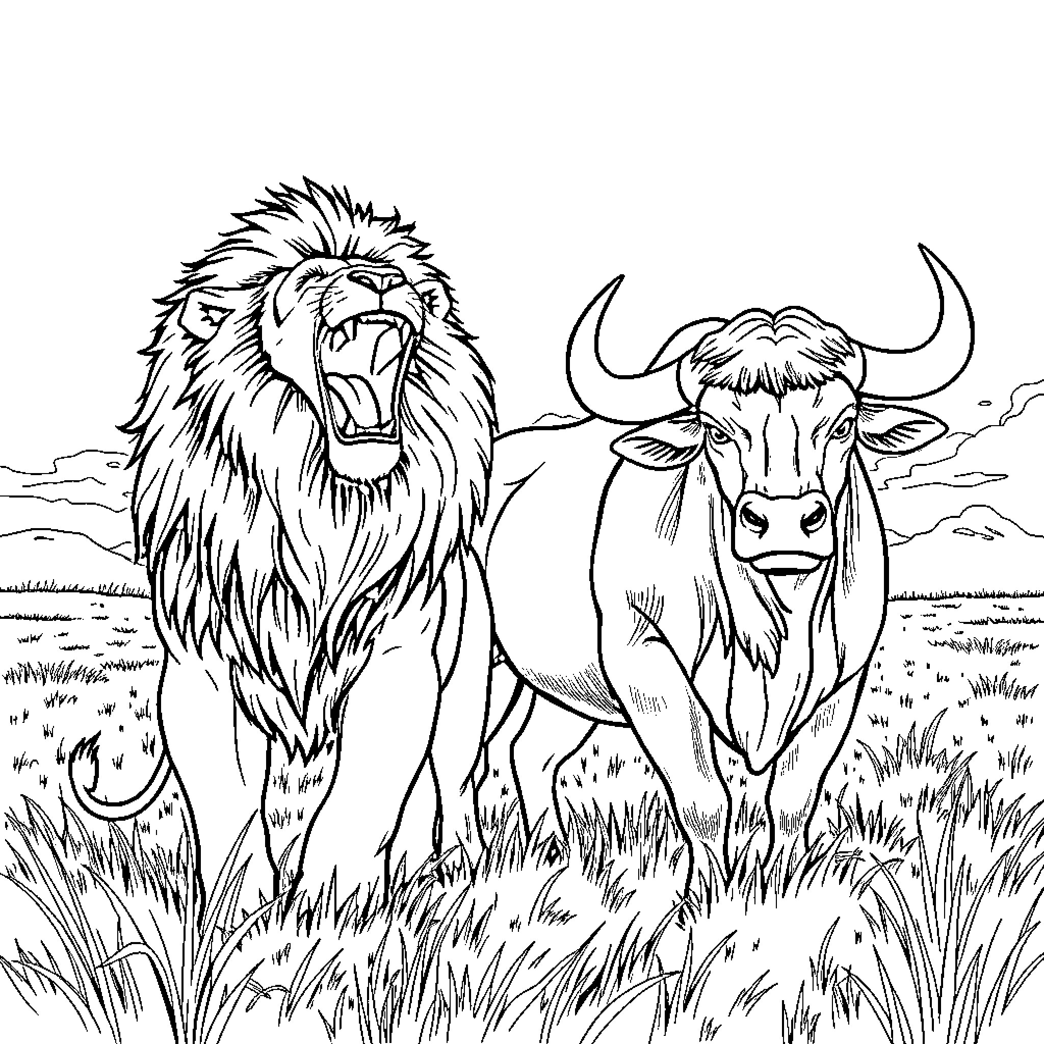 Lion roaring and a majestic bull in the wild Coloring Page (free black-and-white line drawing printable PDF for all, from beginners to advanced learners, including children, teens, adults, and seniors)