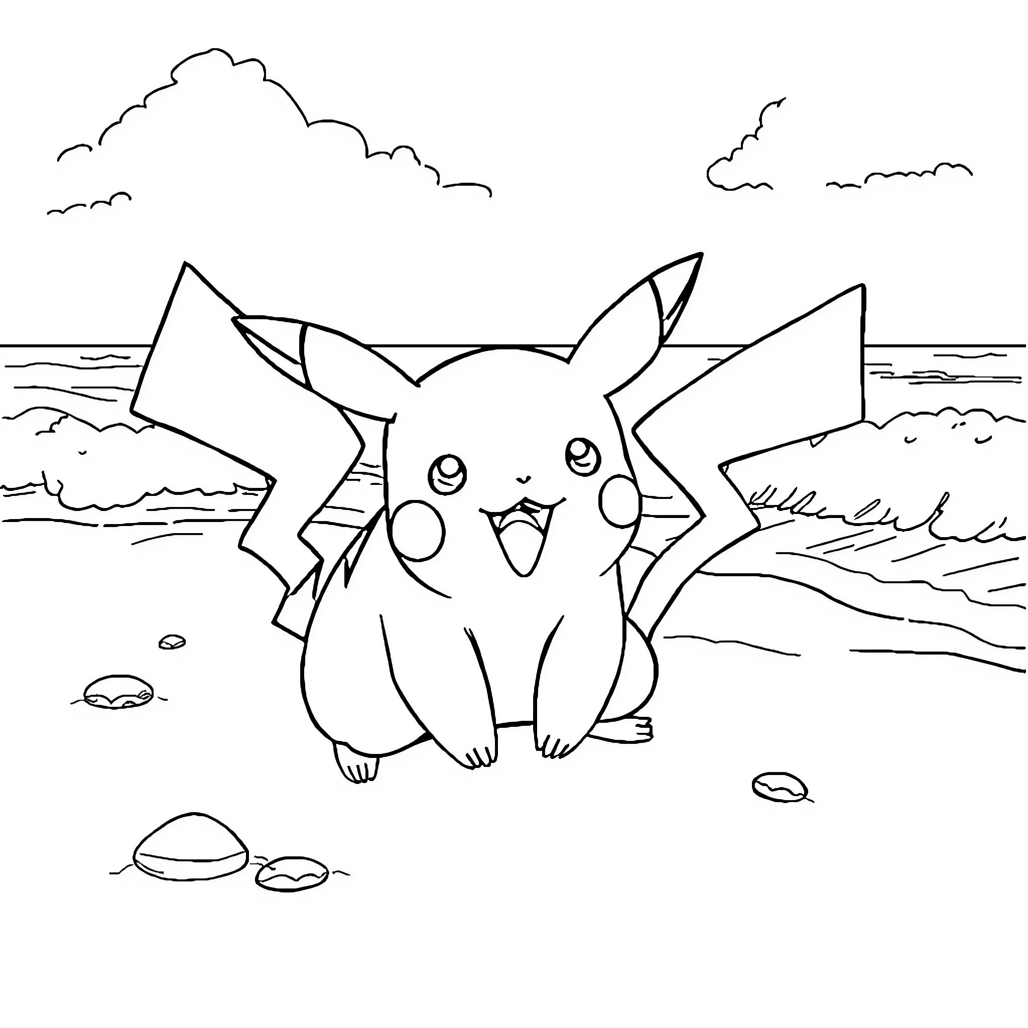 Pikachu playing on the beach Coloring Page (free black-and-white line drawing printable PDF for all, from beginners to advanced learners, including children, teens, adults, and seniors)
