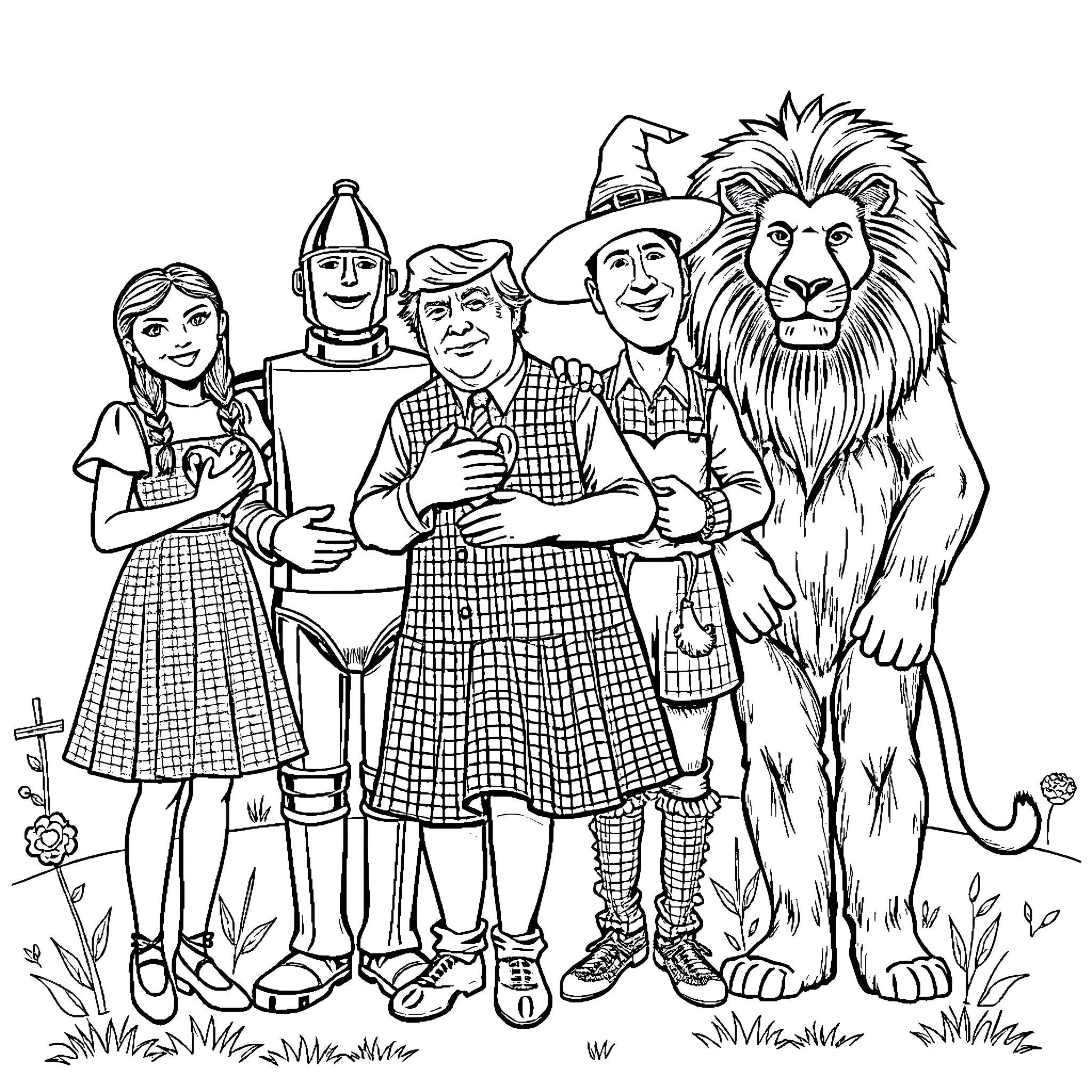 Trump and the Wizard of Oz characters on a journey Coloring Page (free black-and-white line drawing printable PDF for all, from beginners to advanced learners, including children, teens, adults, and seniors)