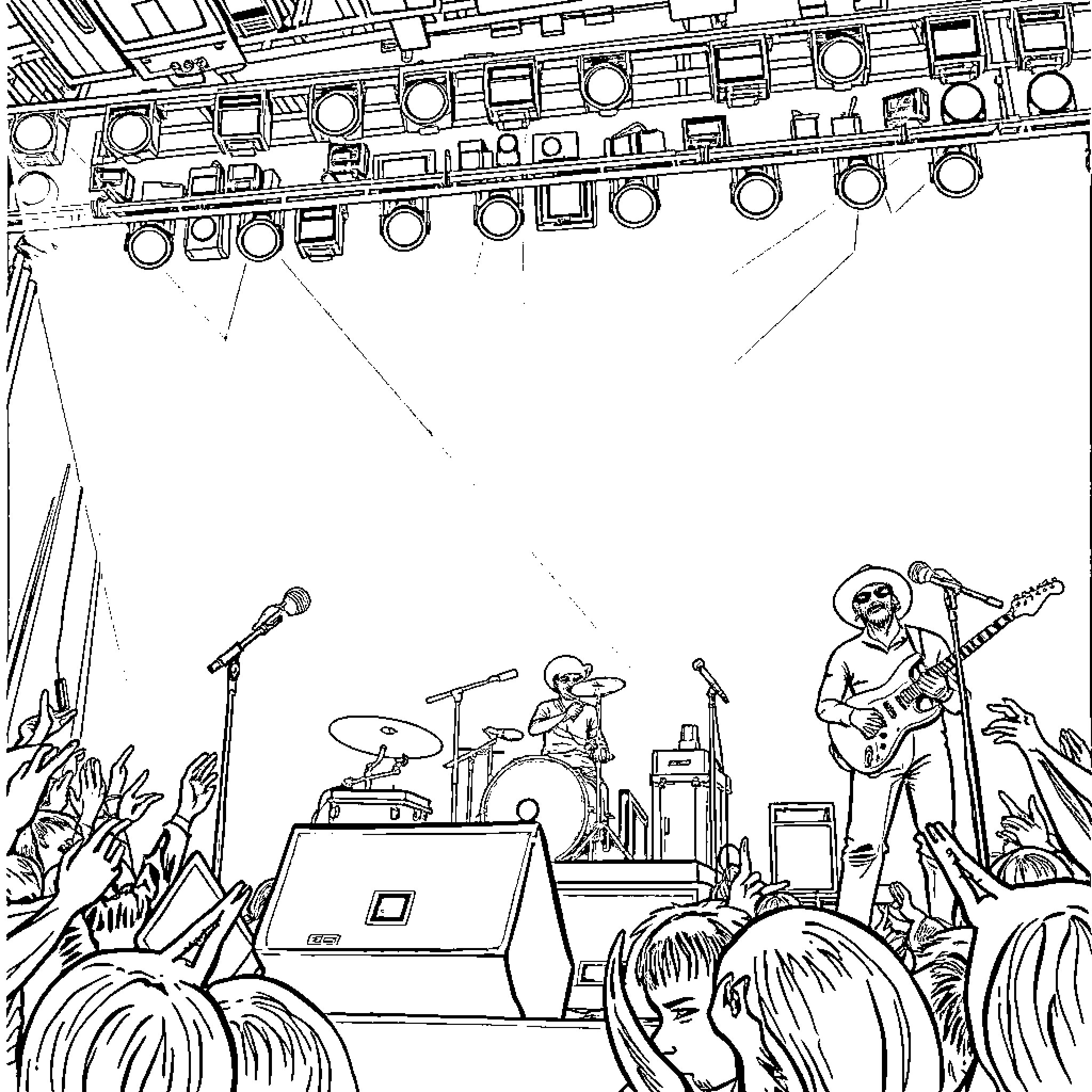 Flaming Lips: Energetic Rock Band Performs for Enthusiastic Crowd Coloring Page (free black-and-white line drawing printable PDF for all, from beginners to advanced learners, including children, teens, adults, and seniors)