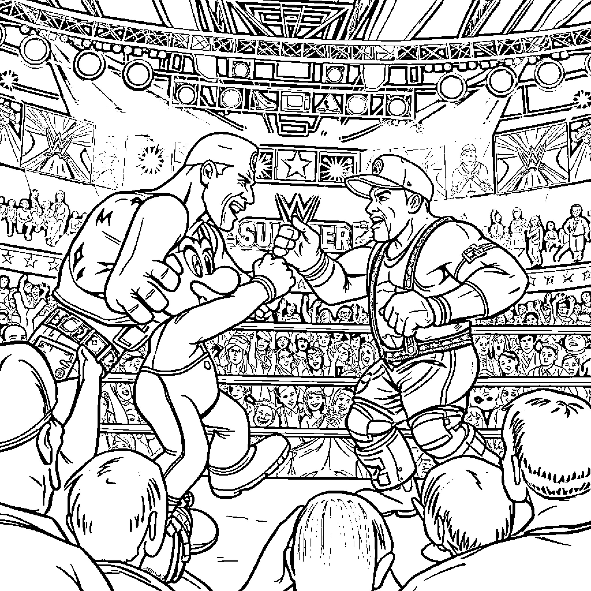 Wrestling two men in action-packed arena Coloring Page (free black-and-white line drawing printable PDF for all, from beginners to advanced learners, including children, teens, adults, and seniors)