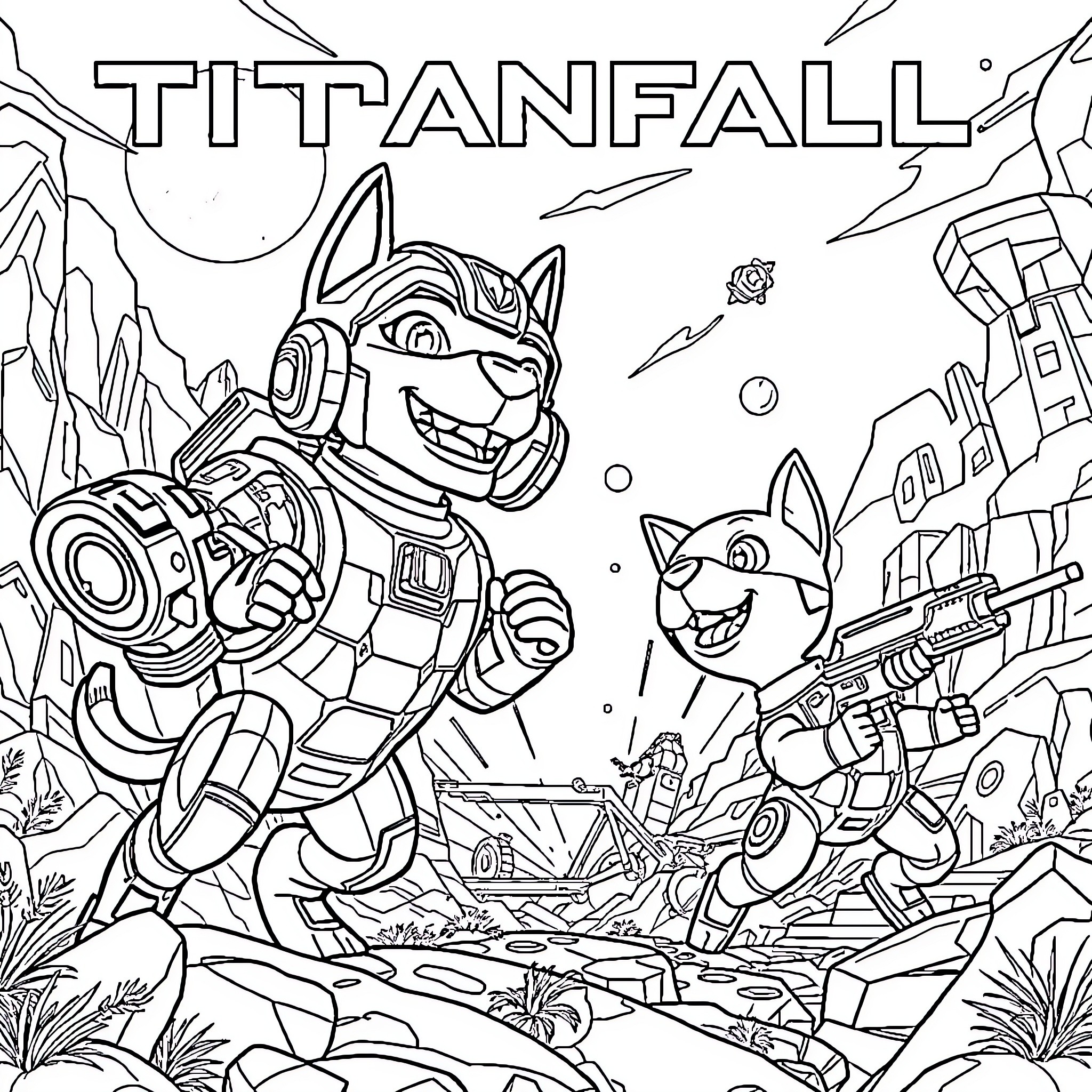 Bluey's Titanfall Adventure Coloring Page (free black-and-white line drawing printable PDF for all, from beginners to advanced learners, including children, teens, adults, and seniors)