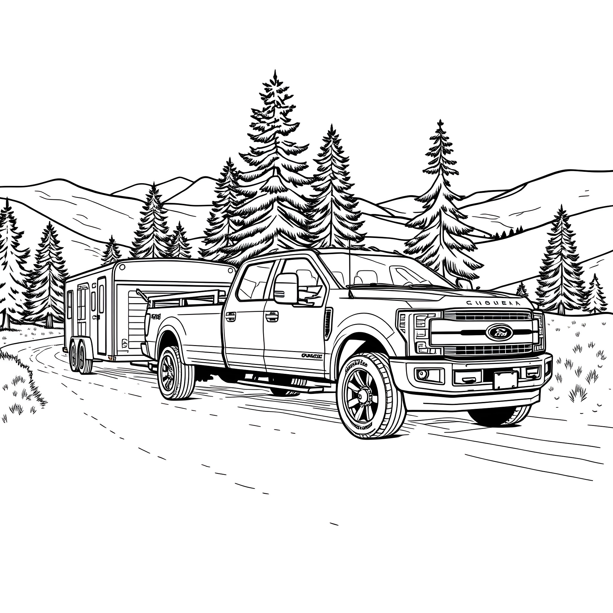 Pickup truck hauling trailer in snowy landscape Coloring Page (free black-and-white line drawing printable PDF for all, from beginners to advanced learners, including children, teens, adults, and seniors)