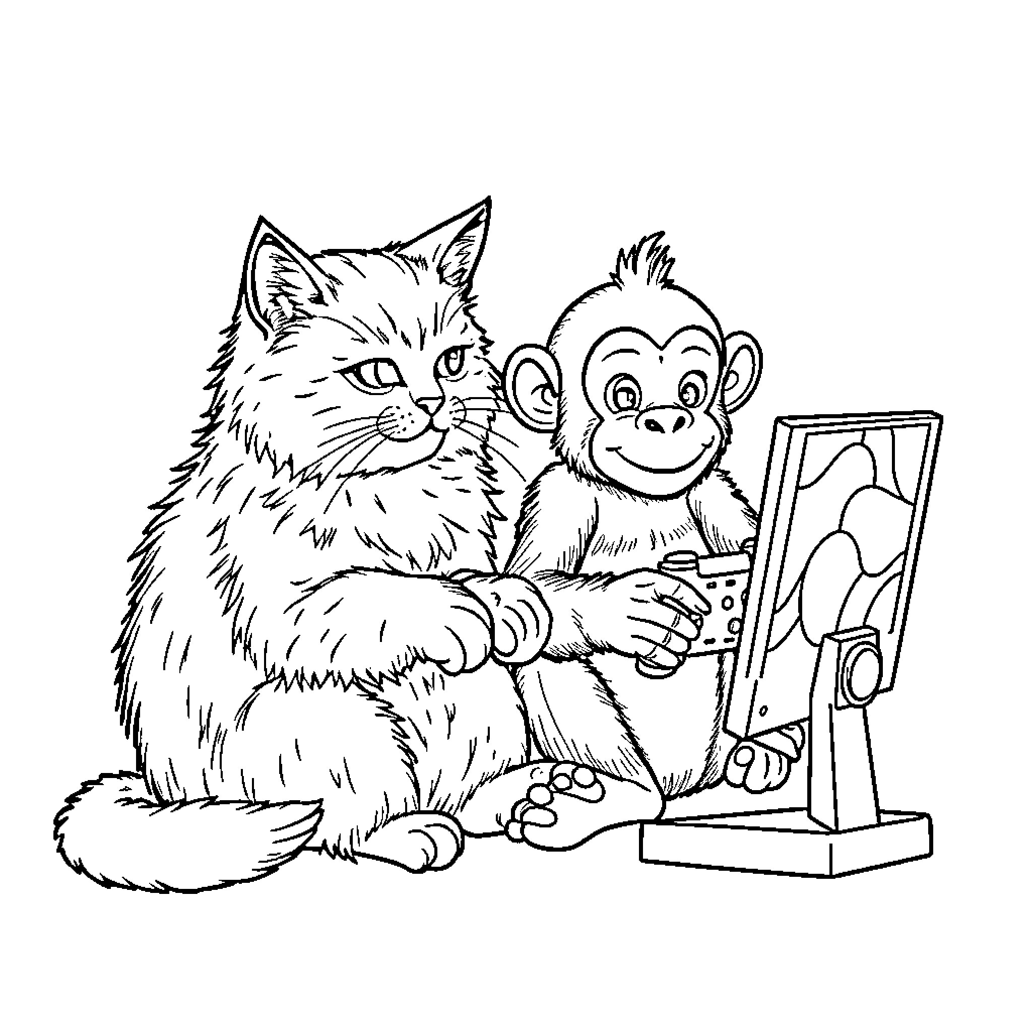 Cat and Monkey Playing with Camera Coloring Page (free black-and-white line drawing printable PDF for all, from beginners to advanced learners, including children, teens, adults, and seniors)