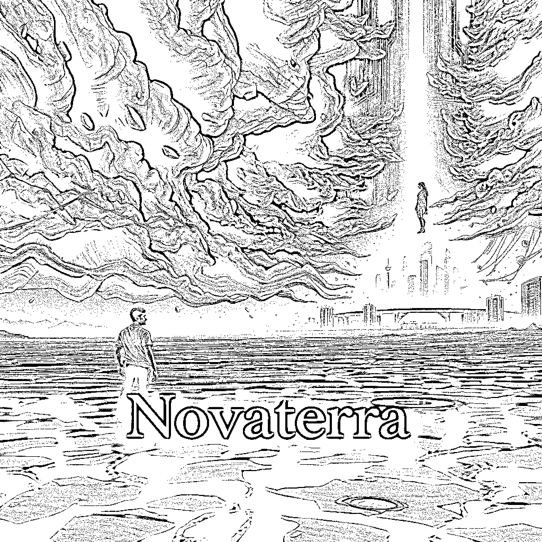 Novaterra: Figures in a Surreal Landscape Coloring Page (free black-and-white line drawing printable PDF for all, from beginners to advanced learners, including children, teens, adults, and seniors)