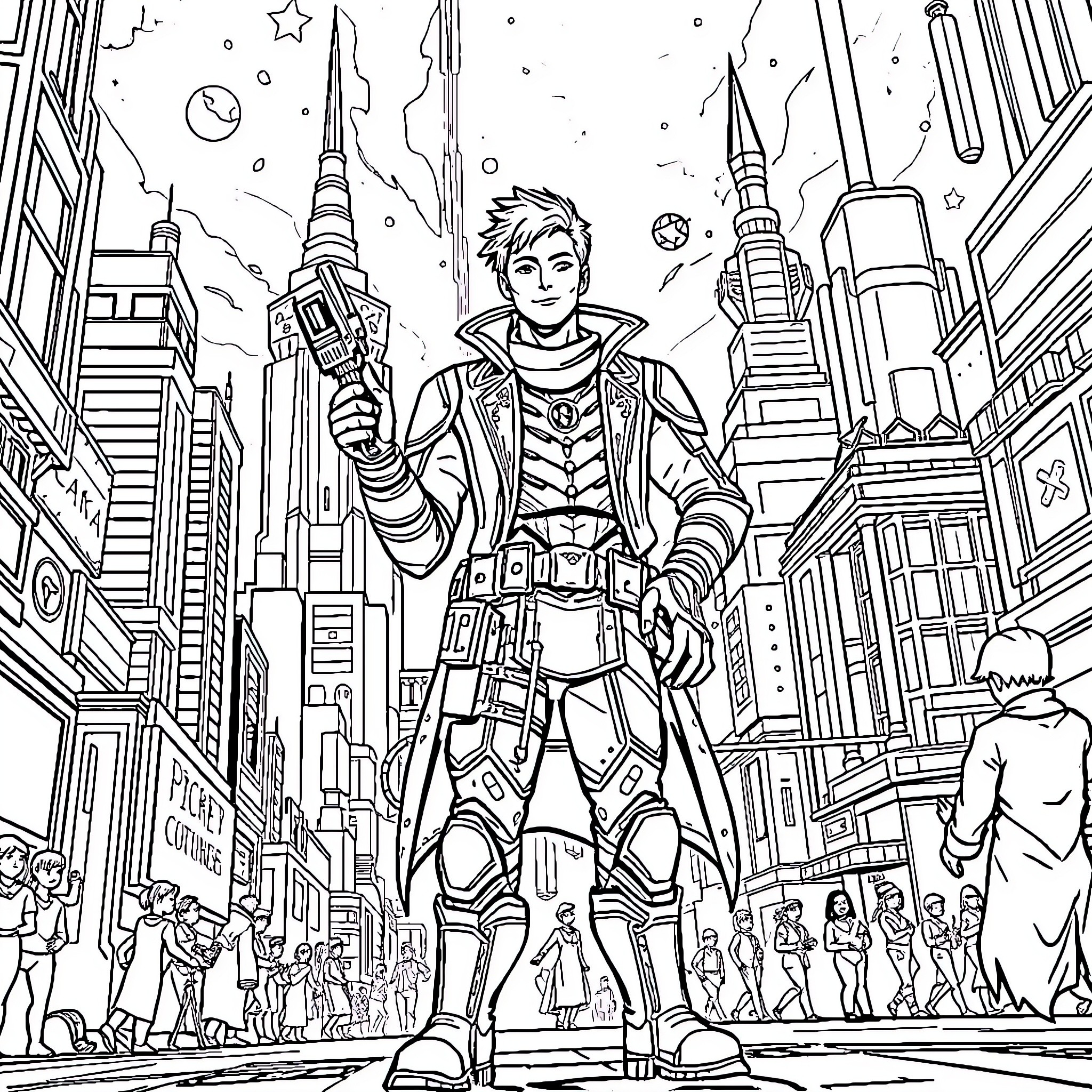 Jayce's Heroic Adventure in the Futuristic City Coloring Page (free black-and-white line drawing printable PDF for all, from beginners to advanced learners, including children, teens, adults, and seniors)
