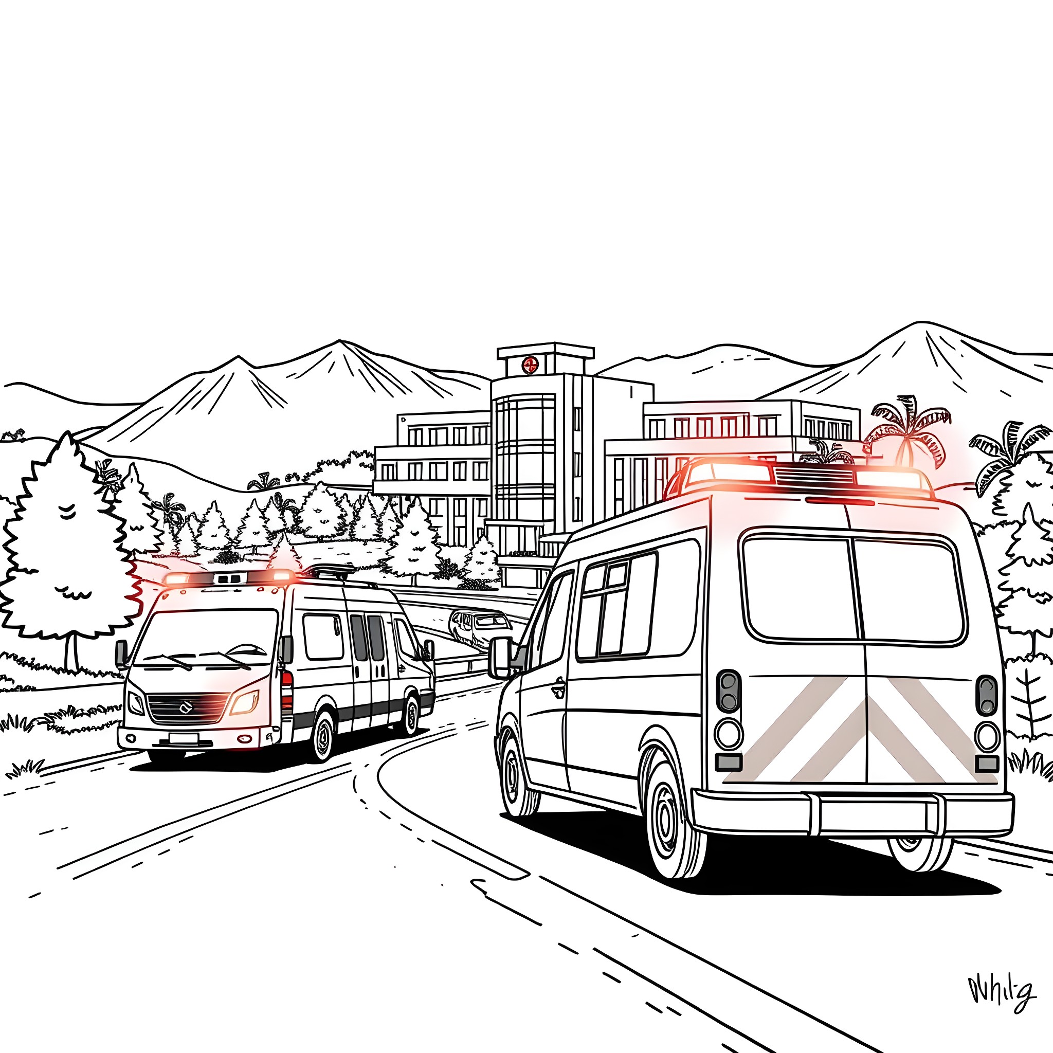 Ambulance rushing to emergency in scenic mountain setting Coloring Page (free black-and-white line drawing printable PDF for all, from beginners to advanced learners, including children, teens, adults, and seniors)