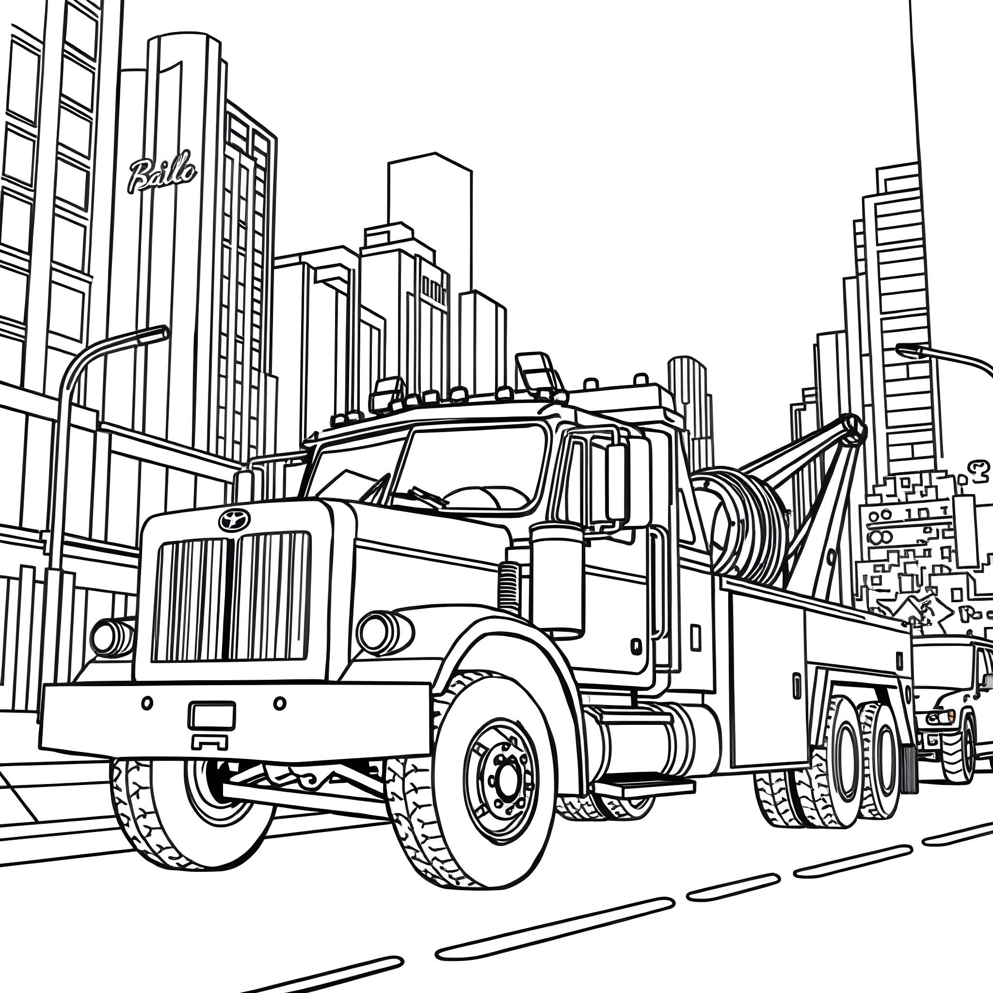 Tow Truck Assisting on City Street Coloring Page (free black-and-white line drawing printable PDF for all, from beginners to advanced learners, including children, teens, adults, and seniors)