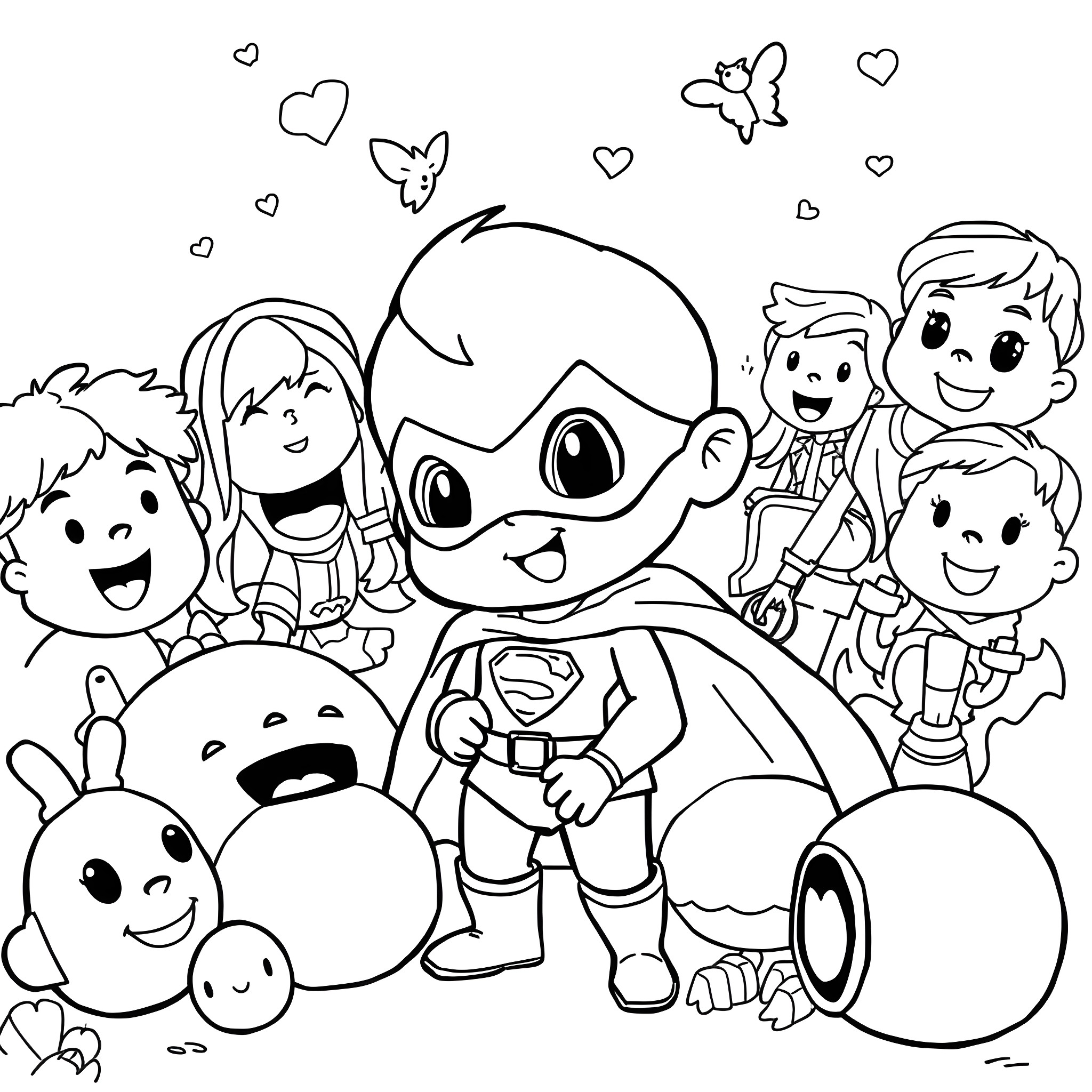 Super Guy Adventures with Friends and Cute Creatures Coloring Page (free black-and-white line drawing printable PDF for all, from beginners to advanced learners, including children, teens, adults, and seniors)