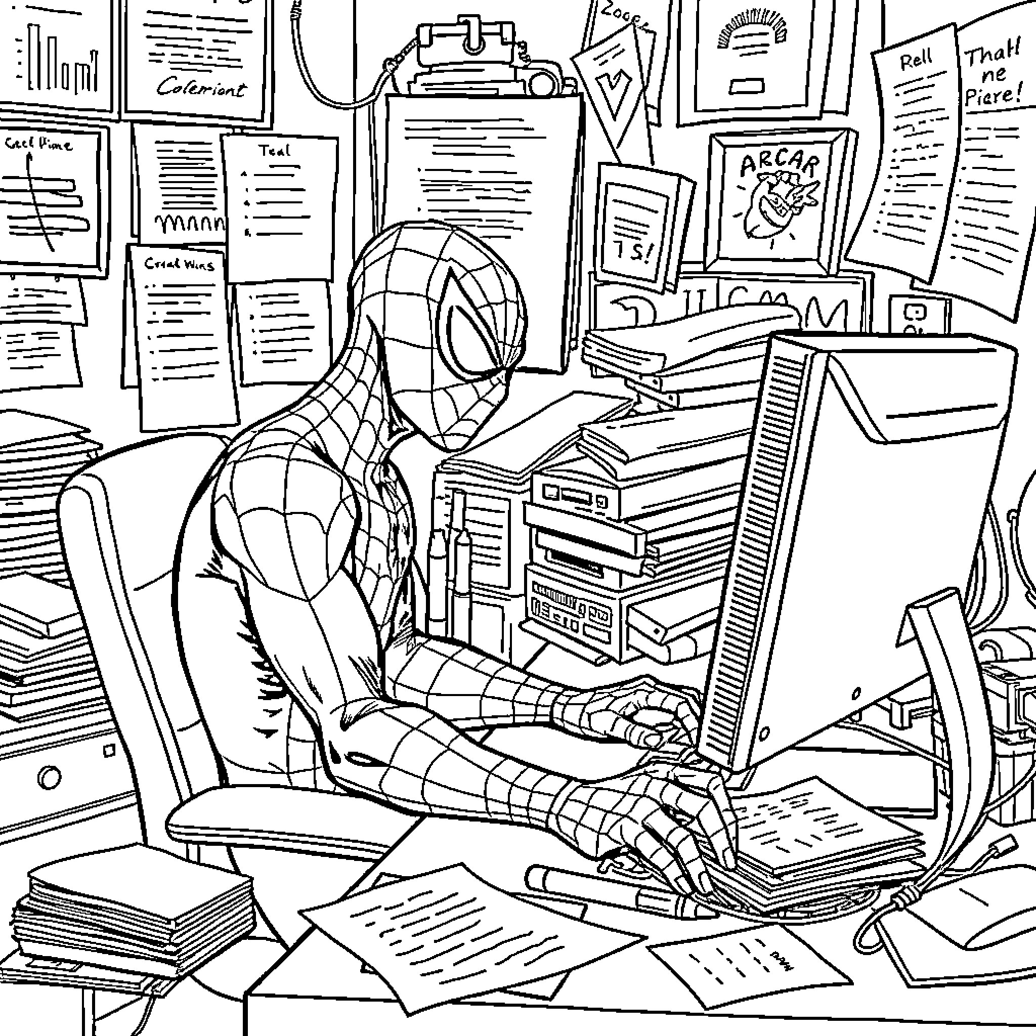 Spiderman hard at work in his cluttered office Coloring Page (free black-and-white line drawing printable PDF for all, from beginners to advanced learners, including children, teens, adults, and seniors)
